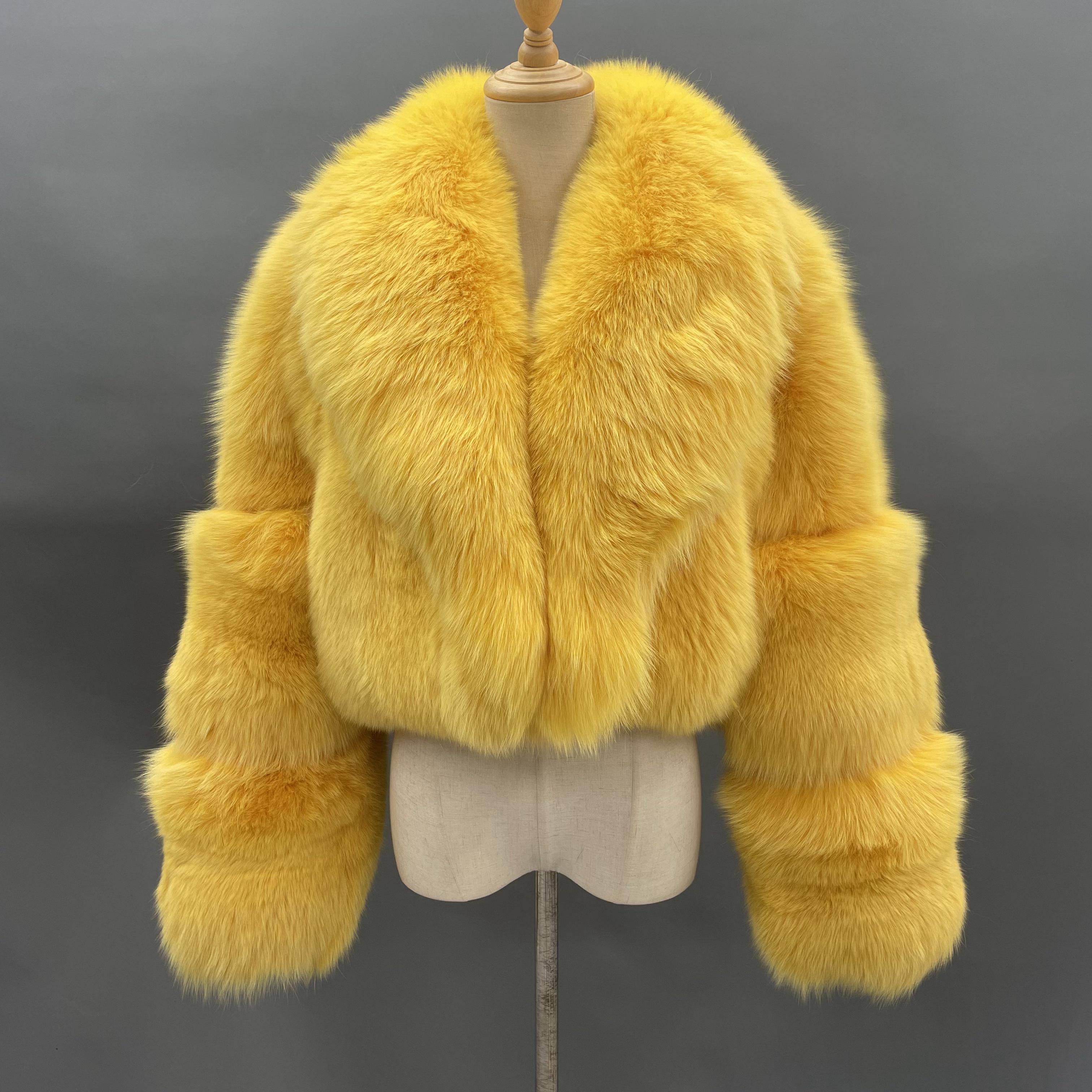 2026 Popular Styles Ladies' Shawl Collar Three Section Sleeves Short Fox Fur Jacket Wholesale #2 Yellow