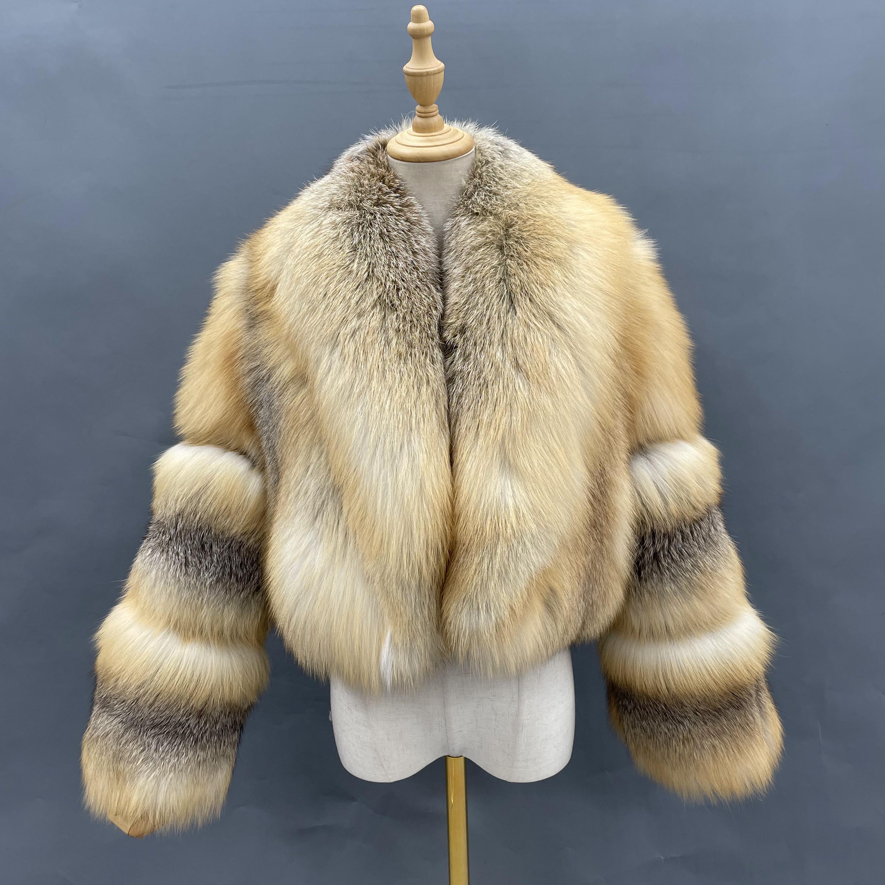 2026 Popular Styles Ladies' Shawl Collar Three Section Sleeves Short Fox Fur Jacket Wholesale #3 Golden Island Fox