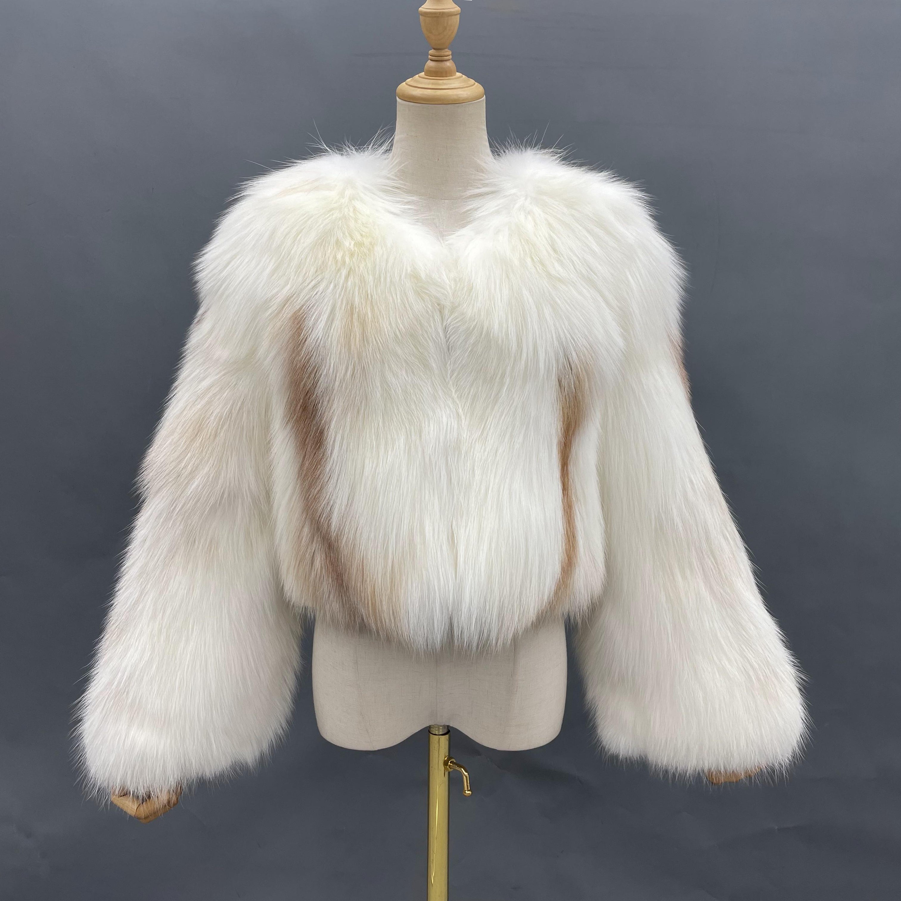 Luxury & Noble Women's High-End V-Neck Real Fox Fur Short Jacket Wholesale #1 White + Brown