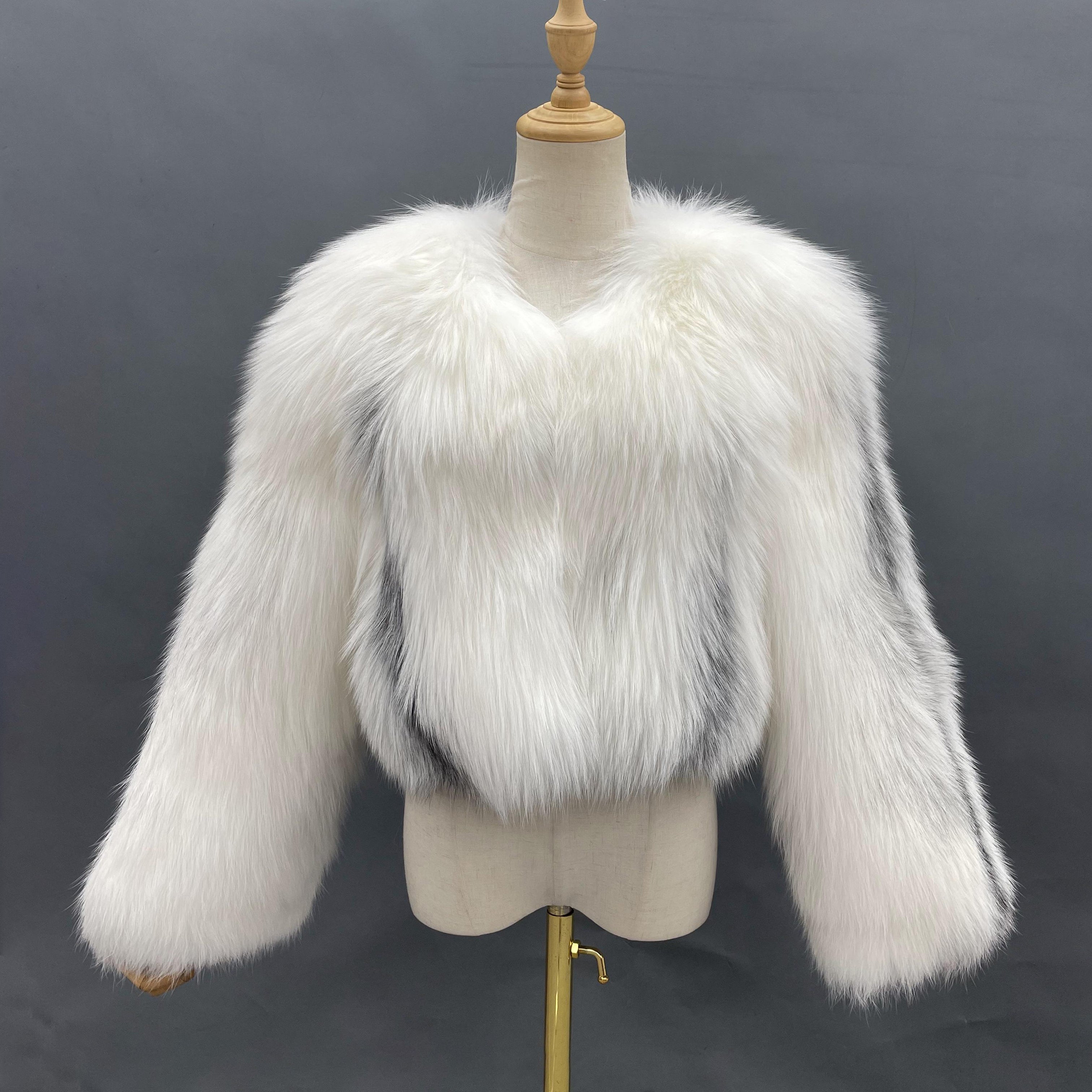 Luxury & Noble Women's High-End V-Neck Real Fox Fur Short Jacket Wholesale #2 White + Gray