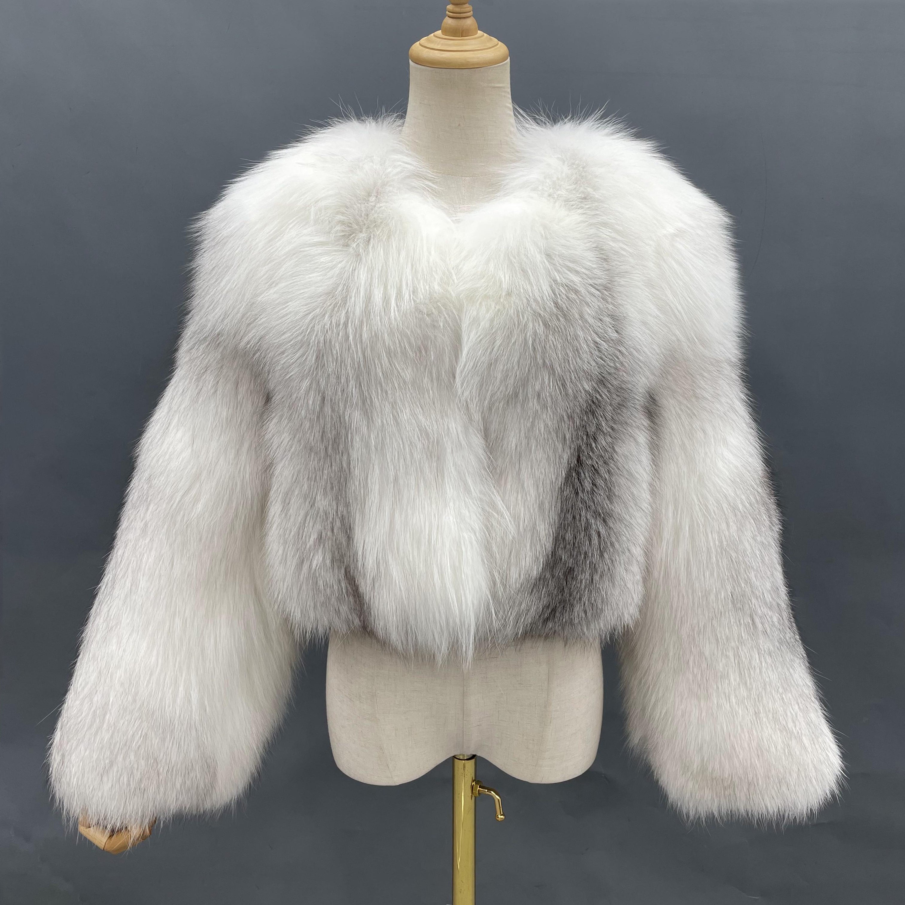 Luxury & Noble Women's High-End V-Neck Real Fox Fur Short Jacket Wholesale #3 White + Black