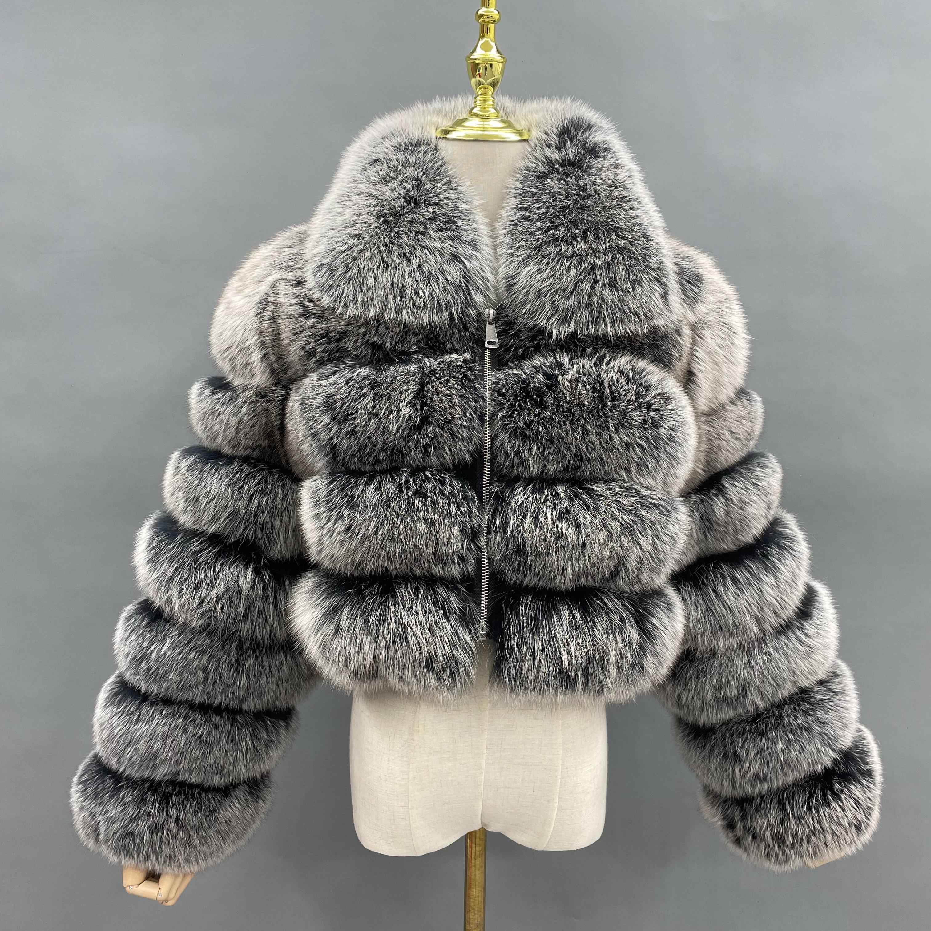 Janefur Wholesale Women's Zipper Style Five Section Real Fox Fur Jacket