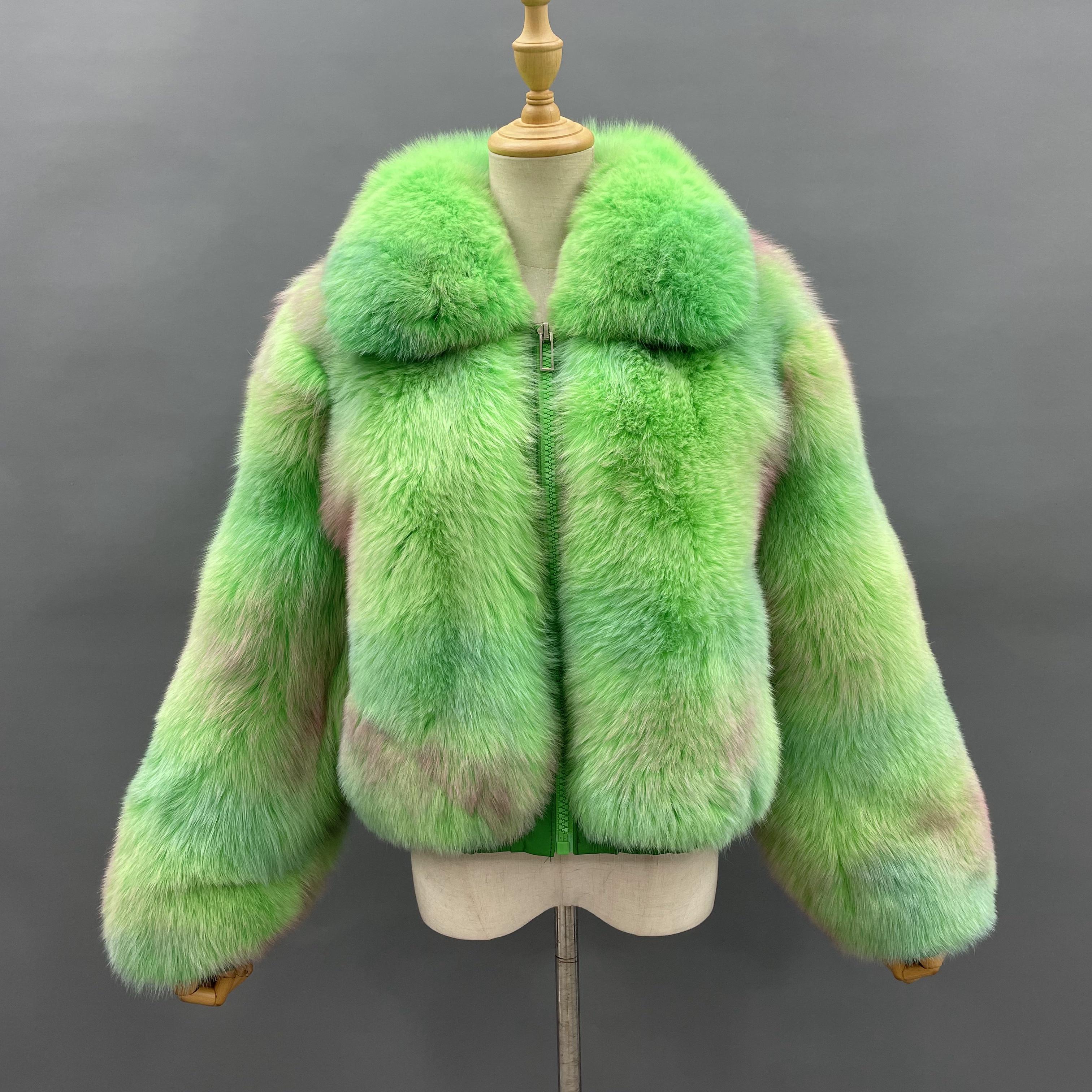 Janefur New Arrival Colorful Gradient Ladies Turndown Collar Zipper Real Fox Fur Jacket Wholesale #1 Gradient Green