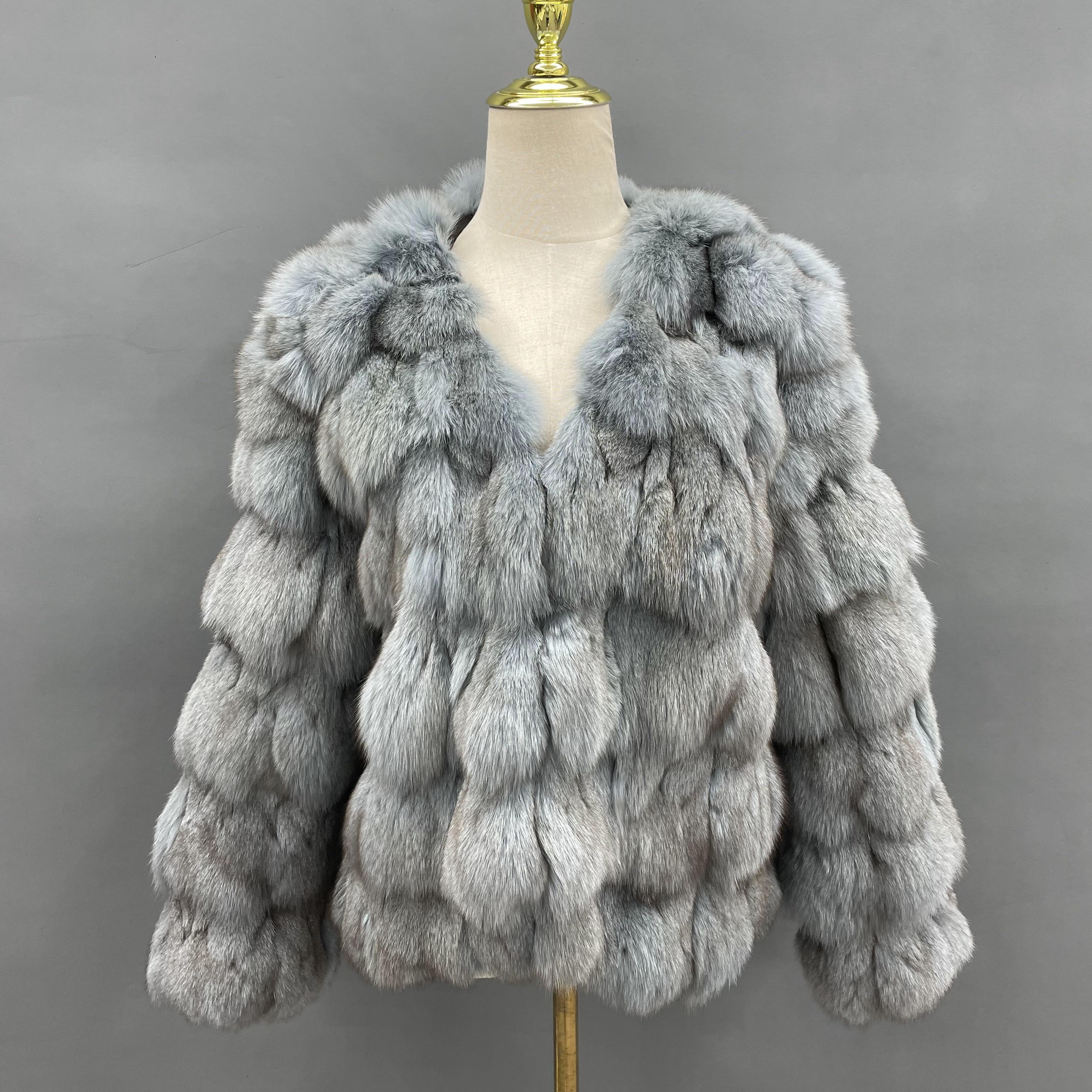Janefur Elegant Socialite Style Women's Big V-Neck Real Fox Fur Coat Wholesale #1 Gray Free Size