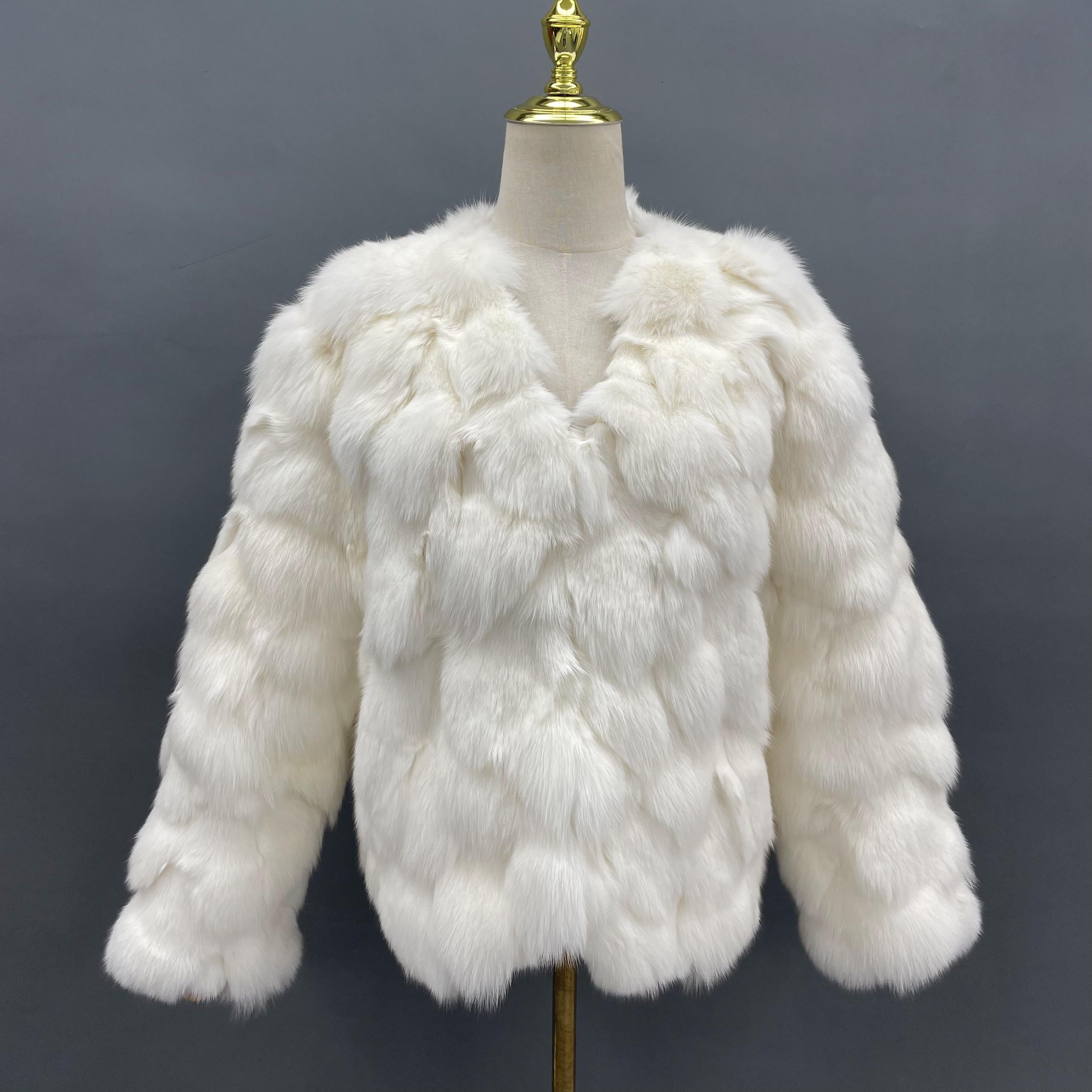 Janefur Elegant Socialite Style Women's Big V-Neck Real Fox Fur Coat Wholesale #2 White Free Size