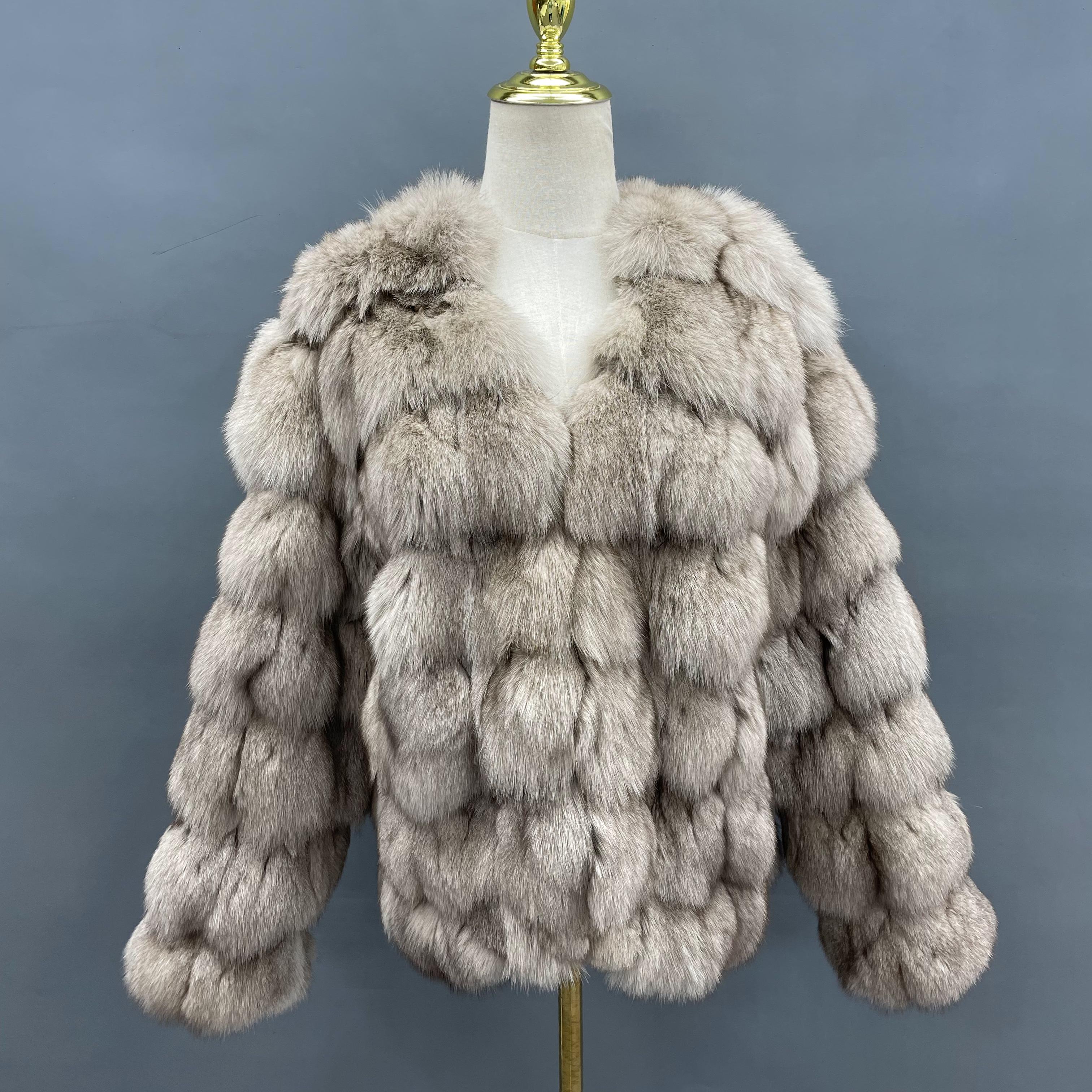 Janefur Elegant Socialite Style Women's Big V-Neck Real Fox Fur Coat Wholesale #3 Khaki Free Size