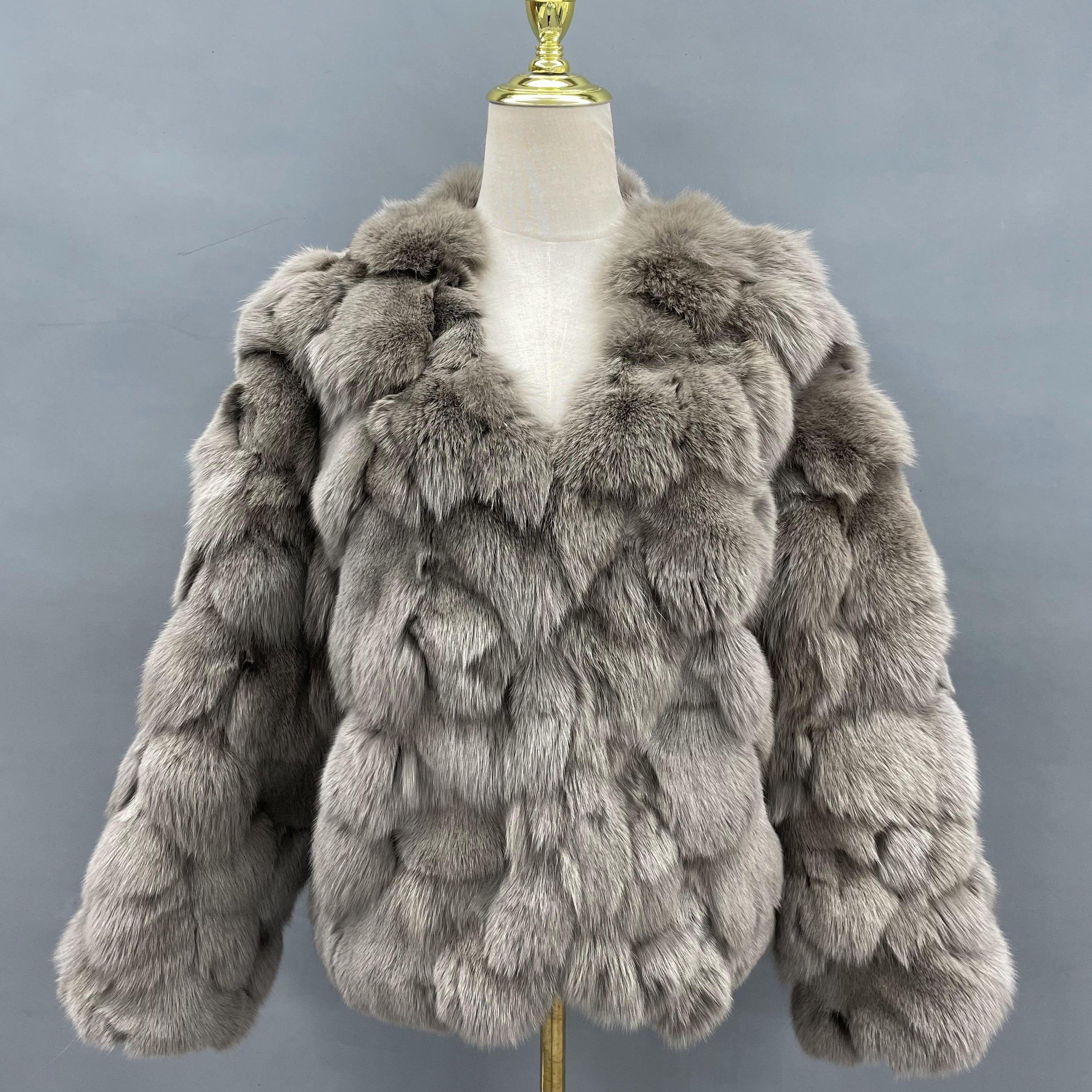 Janefur Elegant Socialite Style Women's Big V-Neck Real Fox Fur Coat Wholesale #4 Dark Khaki Free Size