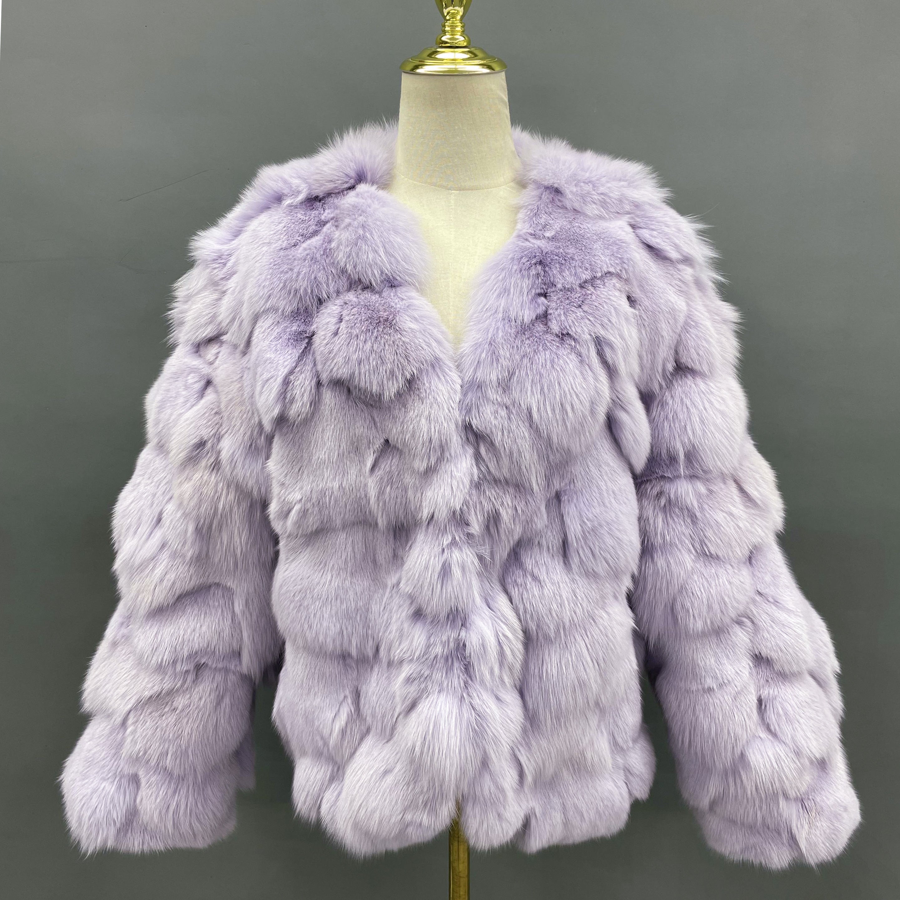 Janefur Elegant Socialite Style Women's Big V-Neck Real Fox Fur Coat Wholesale #5 Light Purple Free Size