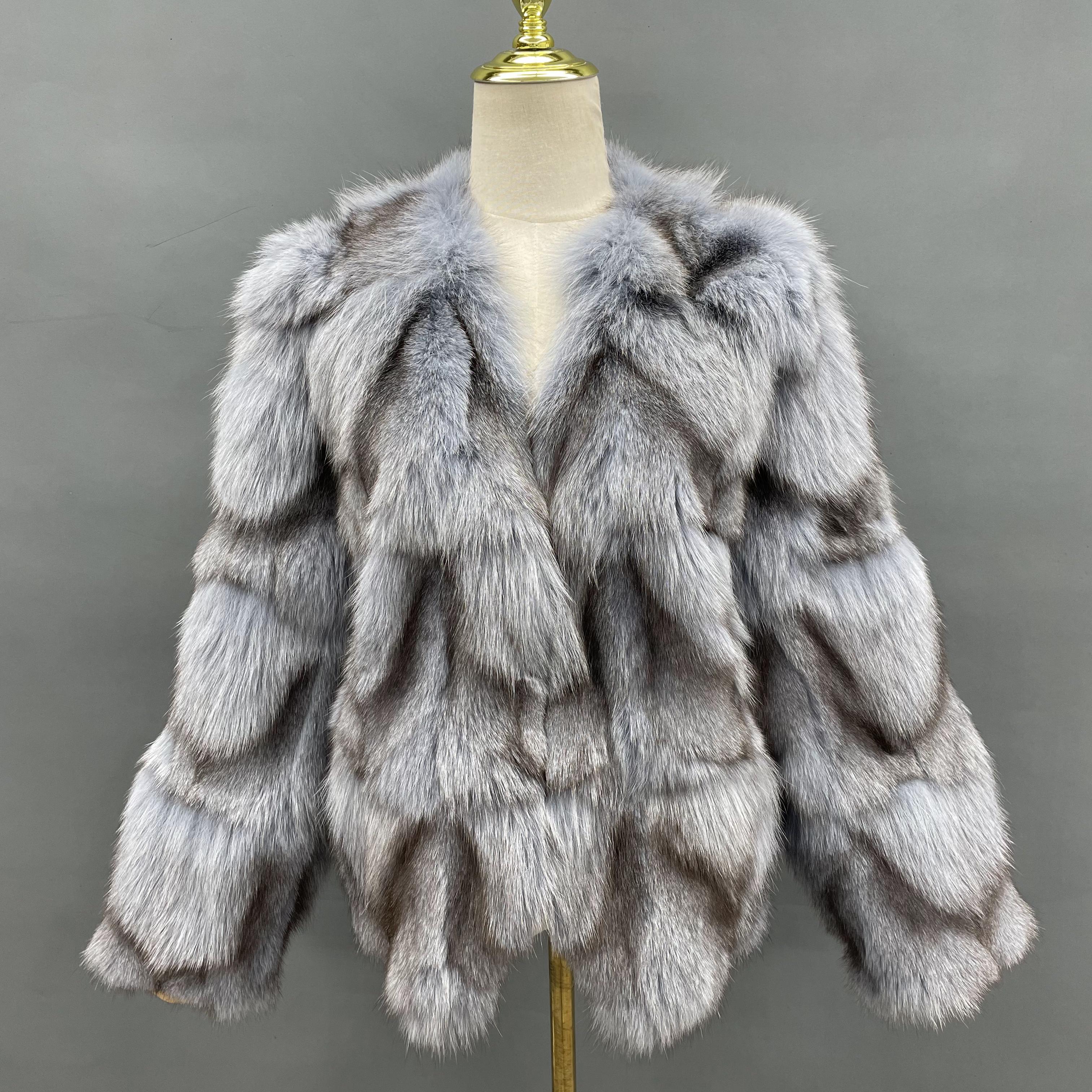 Janefur Daily Commuting Style Ladies' Small V-Neck Real Fox Fur Coat Wholesale #1 Light Gray Free Size