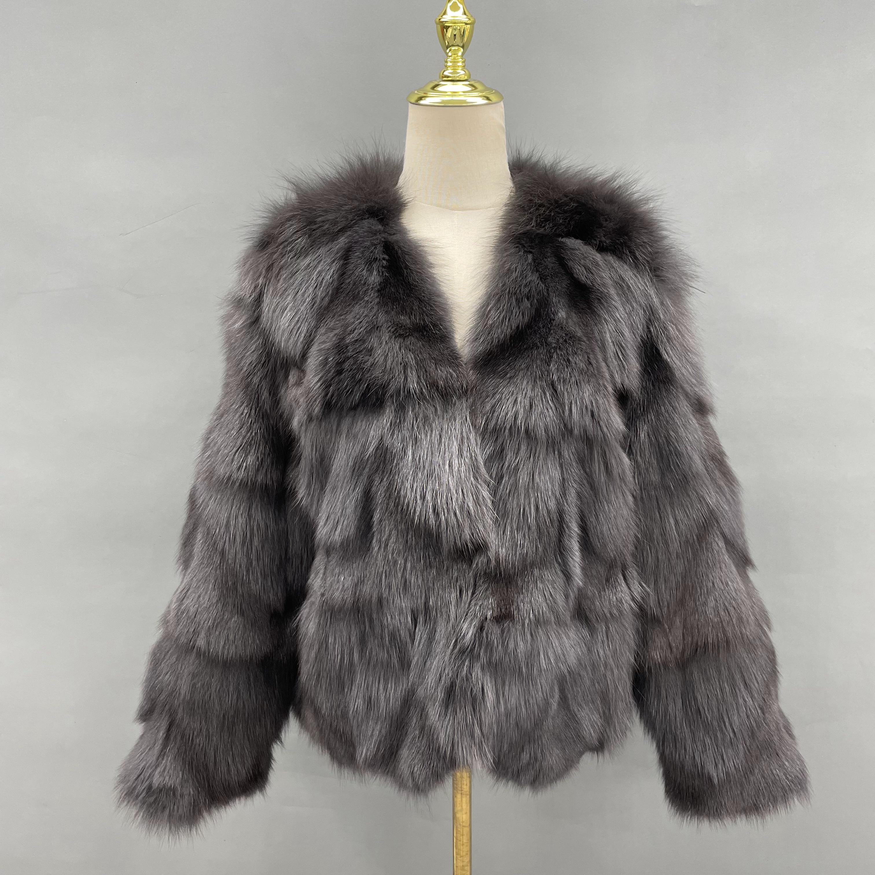 Janefur Daily Commuting Style Ladies' Small V-Neck Real Fox Fur Coat Wholesale #4 Black Free Size