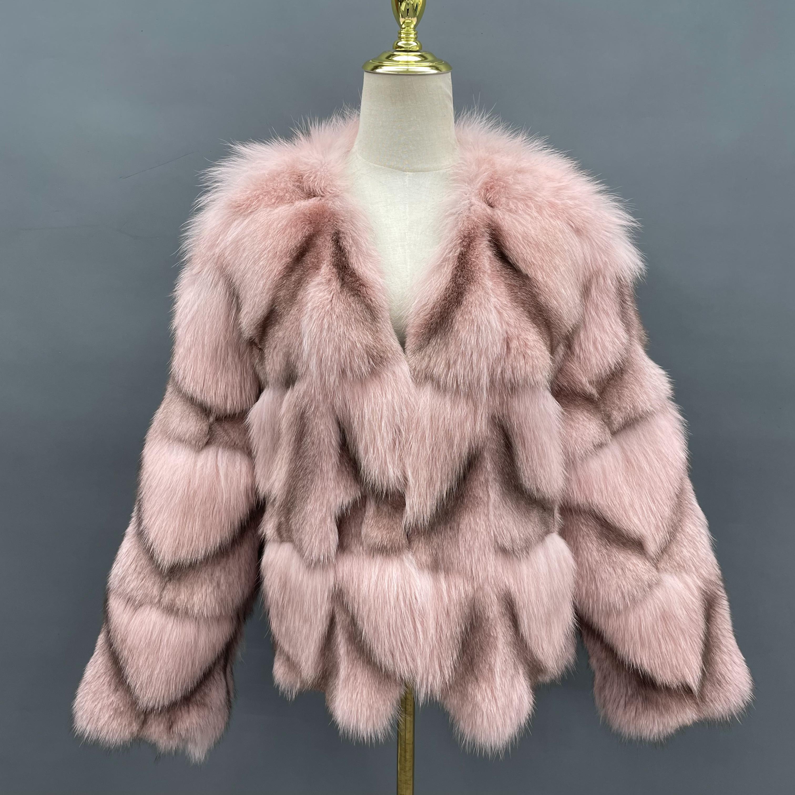 Janefur Daily Commuting Style Ladies' Small V-Neck Real Fox Fur Coat Wholesale #5 Dark Pink Free Size