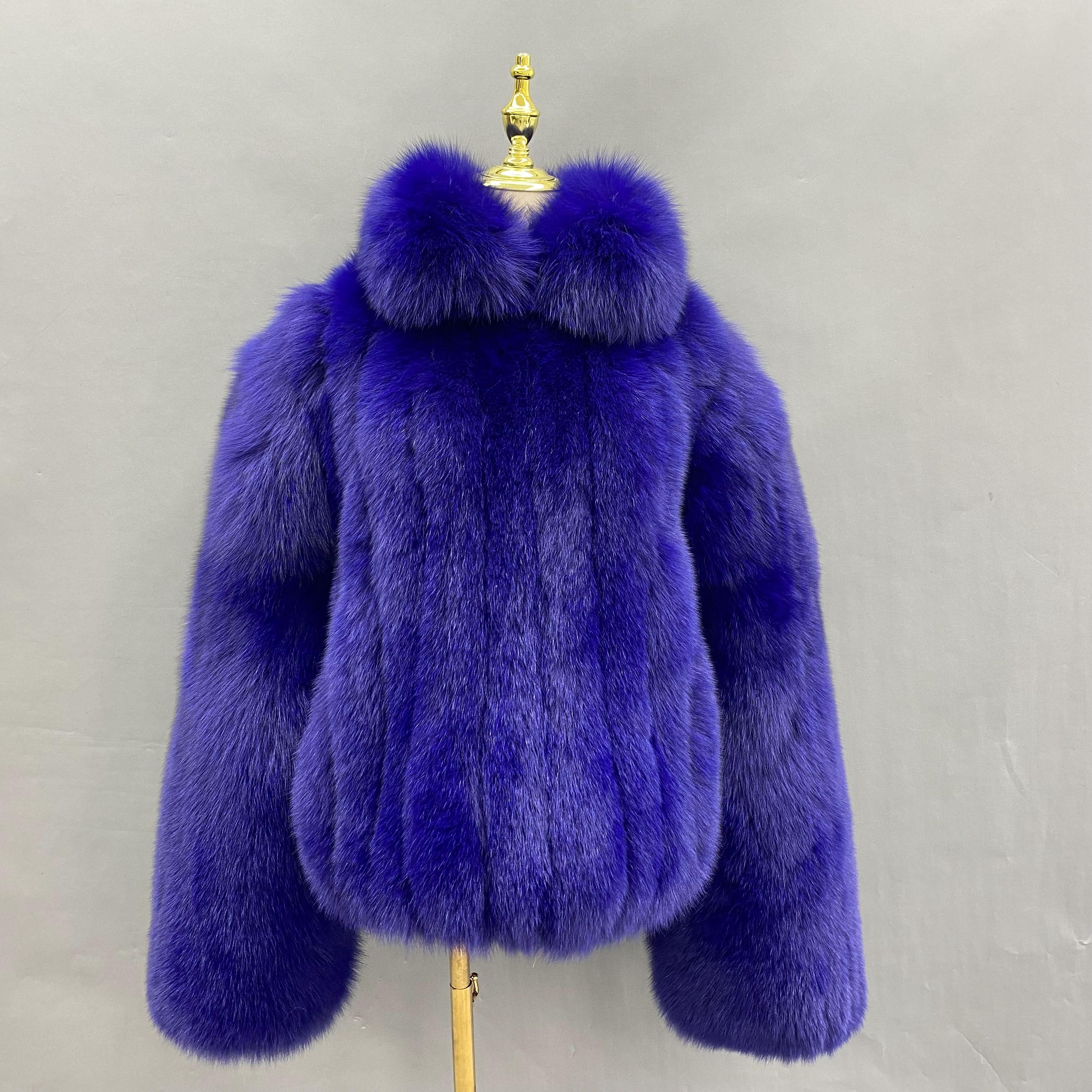 Janefur Men's Luxury Warm Turndown Collar Fine Vertical Stripe Real Fox Fur Coat Wholesale #3 Deep Purple Blue
