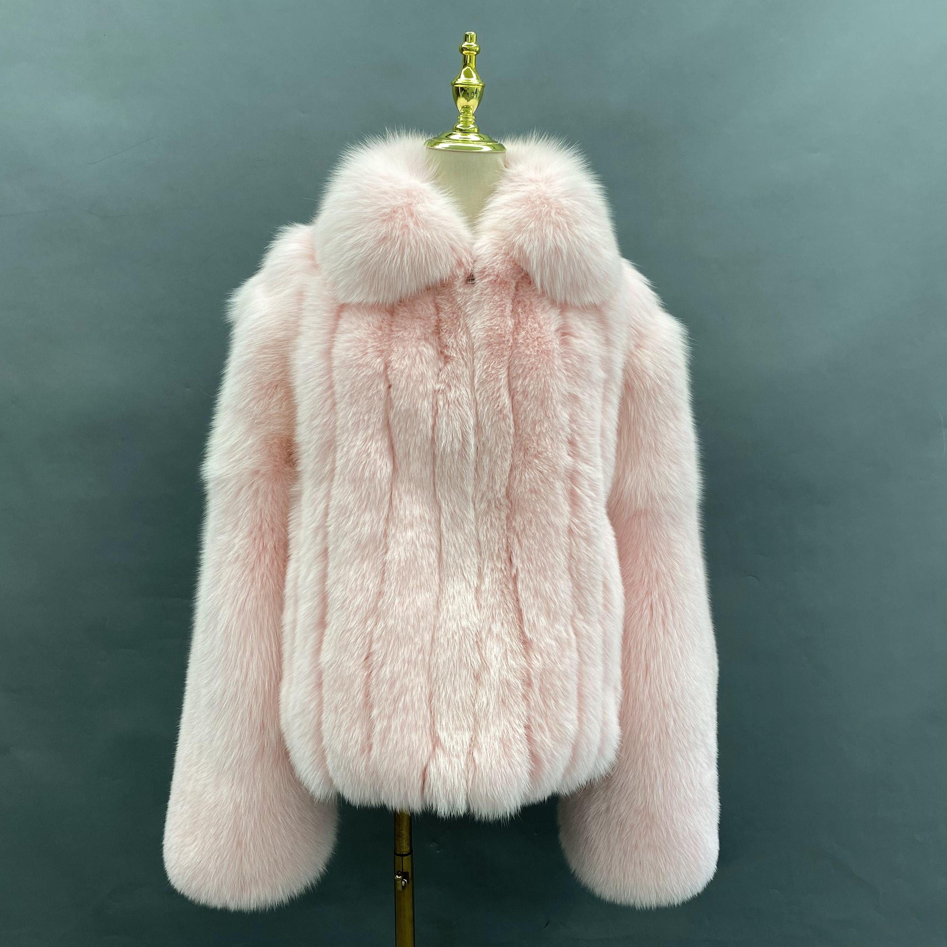 Janefur Men's Luxury Warm Turndown Collar Fine Vertical Stripe Real Fox Fur Coat Wholesale #9 Light Pink