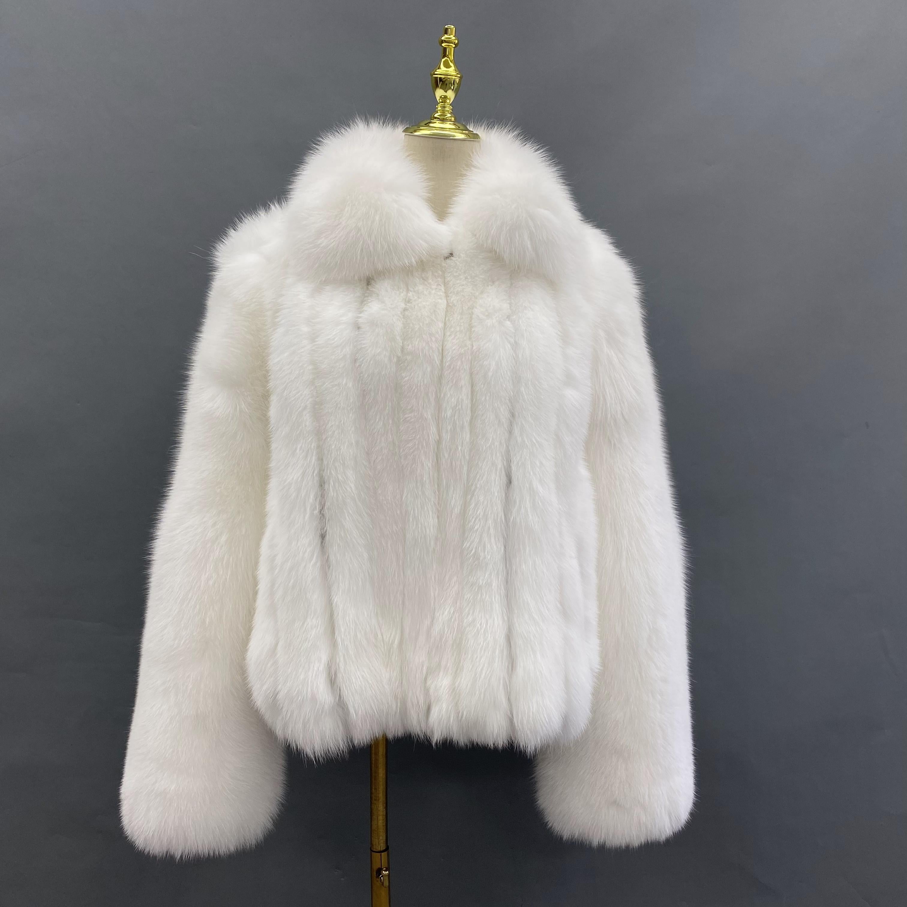 Janefur Men's Luxury Warm Turndown Collar Fine Vertical Stripe Real Fox Fur Coat Wholesale #10 White