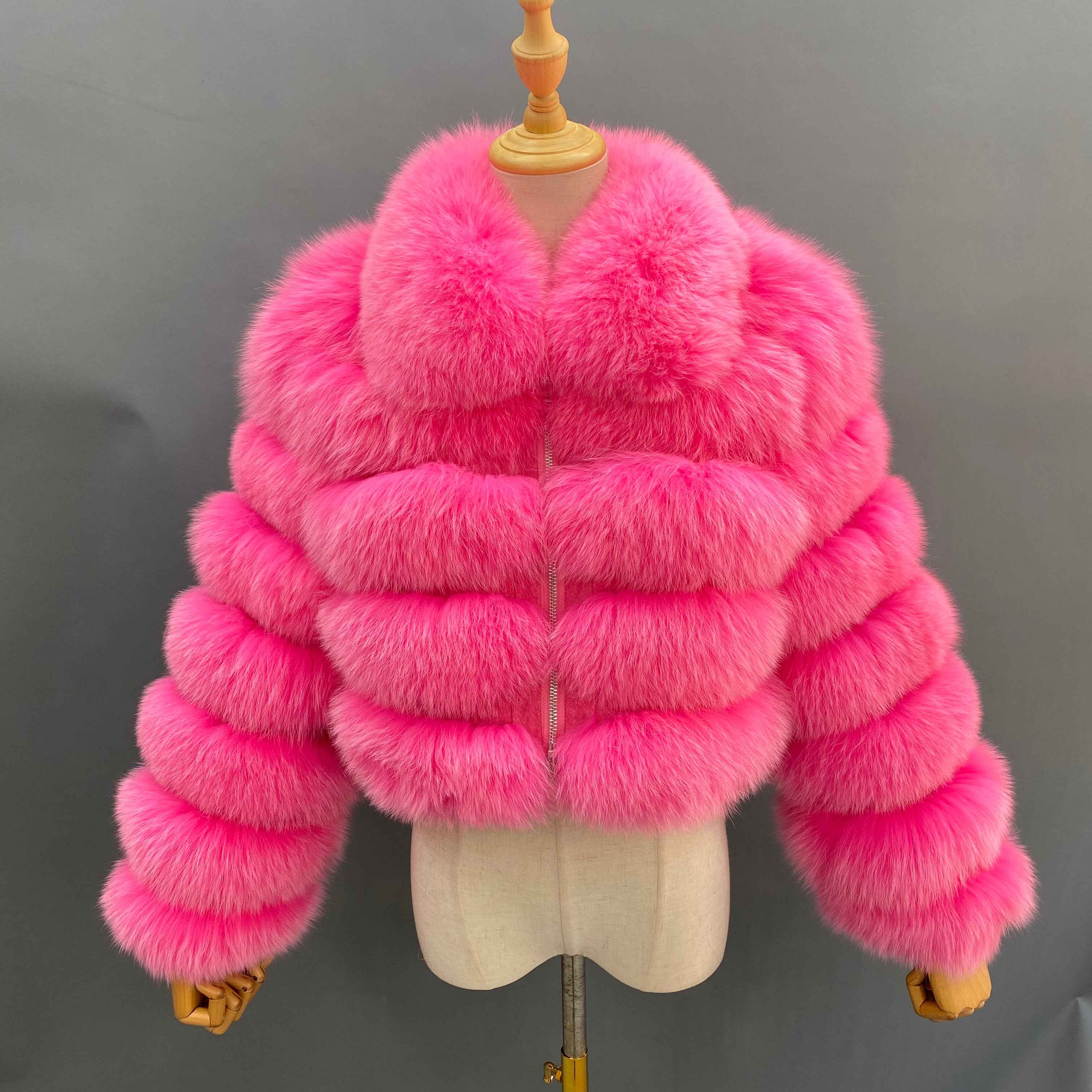 Janefur Wholesale Women's Zipper Style Five Section Real Fox Fur Jacket