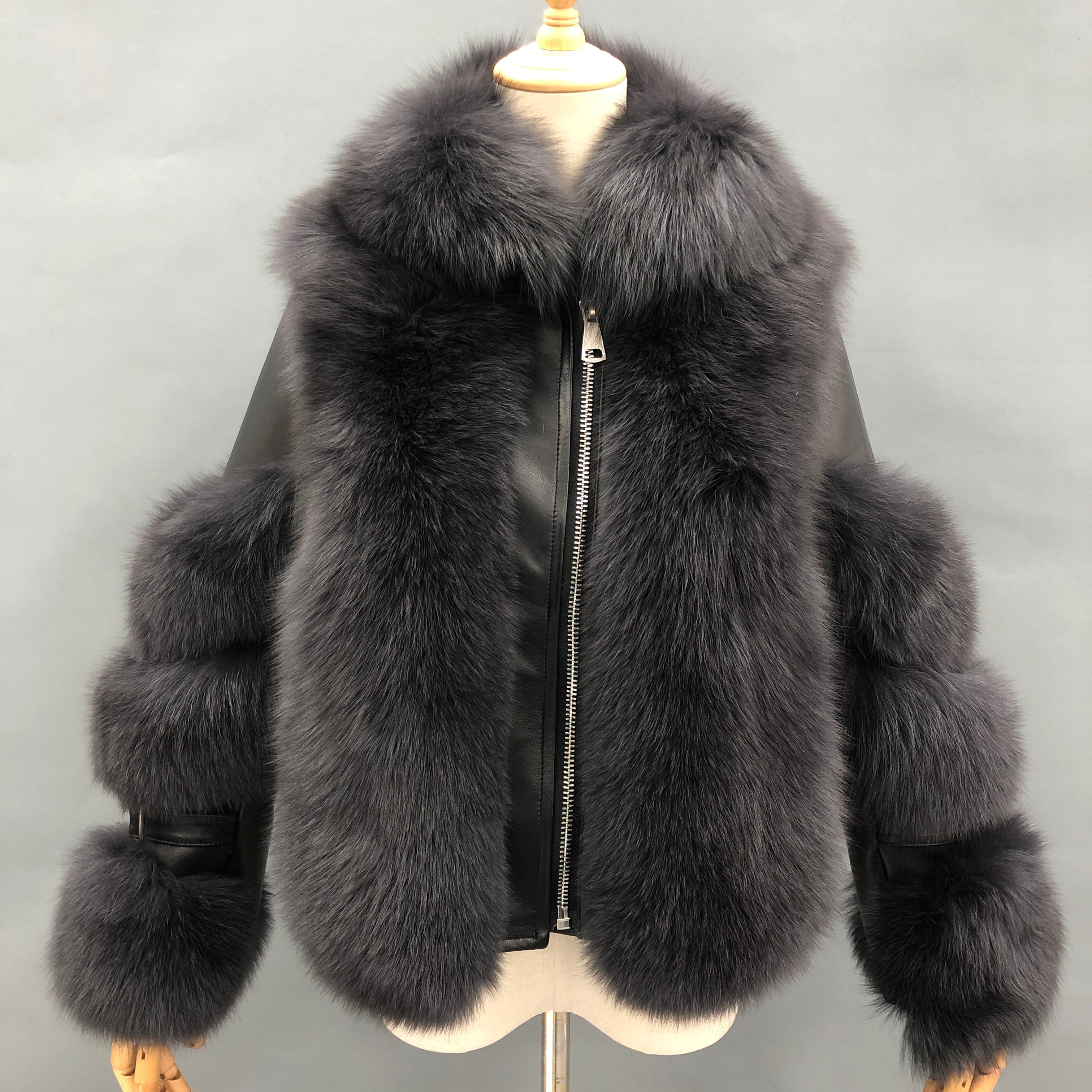 Warm Durable Factory Wholesale Women's Fur Collar Detachable Patchwork Leather Style Real Fox Fur Jacket