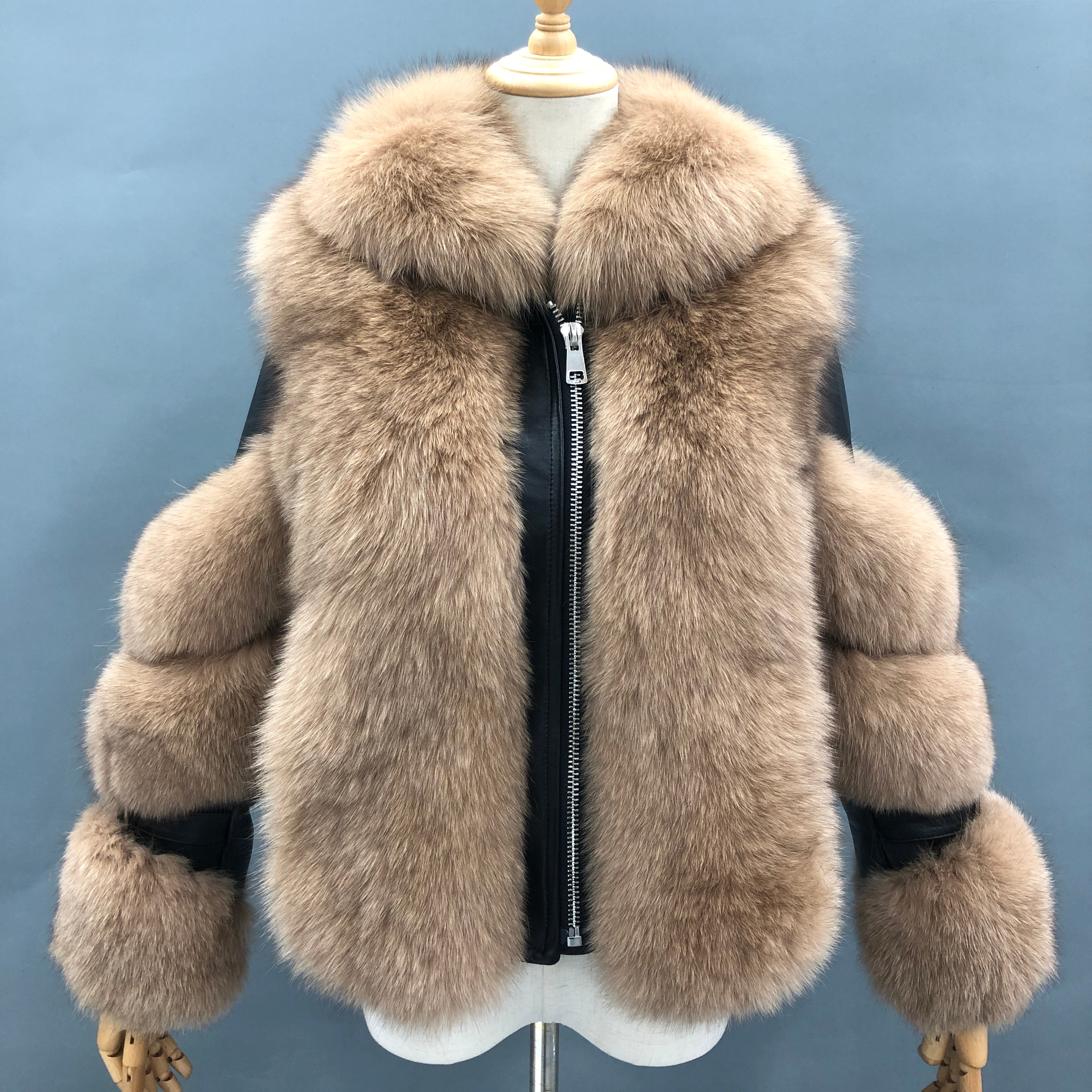 Warm Durable Factory Wholesale Women's Fur Collar Detachable Patchwork Leather Style Real Fox Fur Jacket #3 Khaki