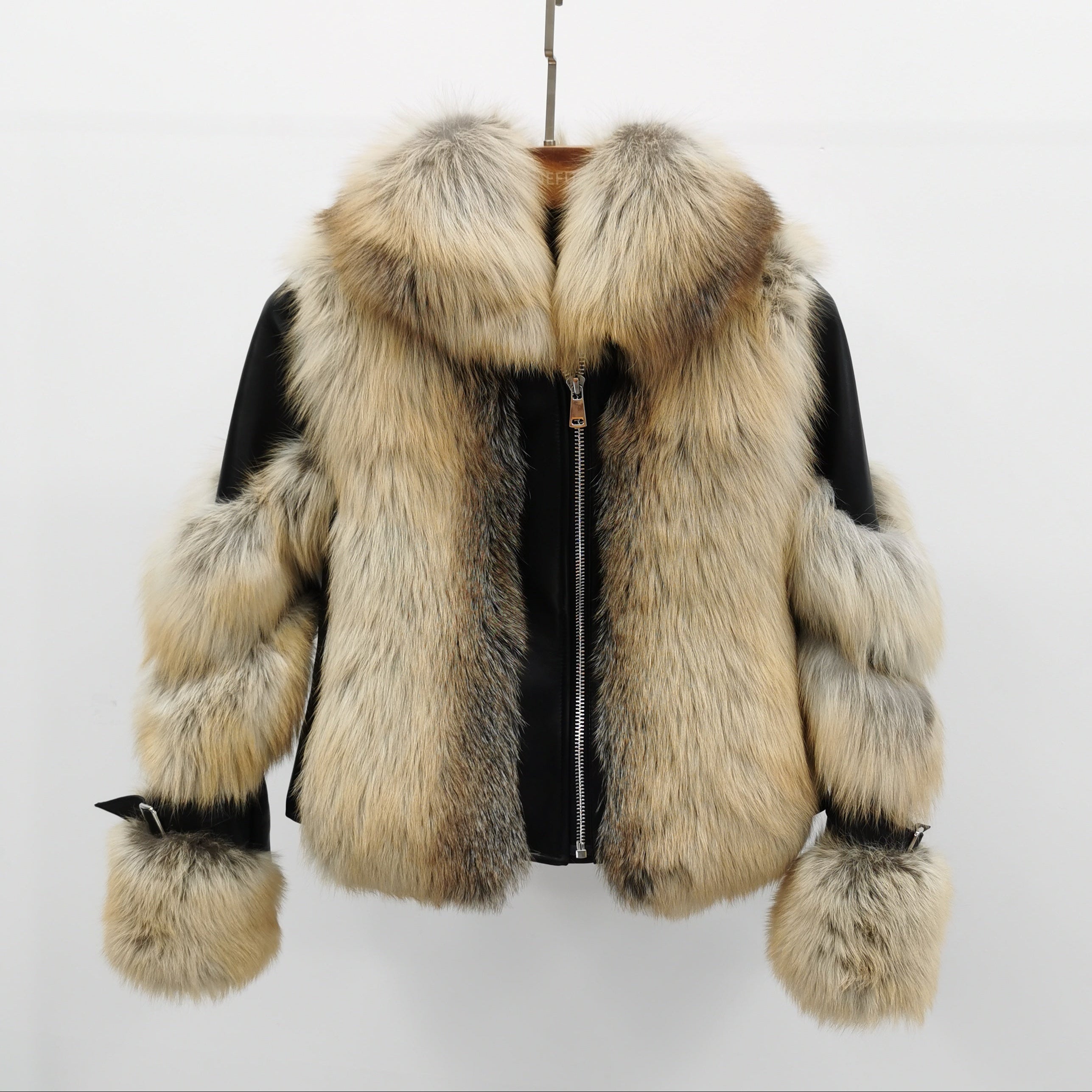 Warm Durable Factory Wholesale Women's Fur Collar Detachable Patchwork Leather Style Real Fox Fur Jacket #4 Golden Island Fox + Black