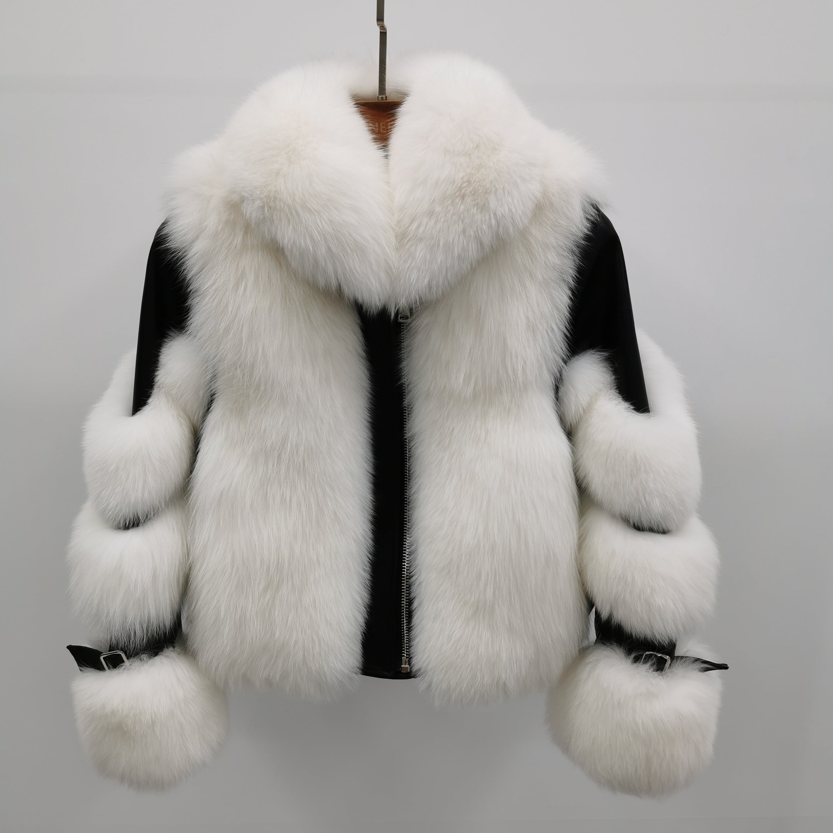 Warm Durable Factory Wholesale Women's Fur Collar Detachable Patchwork Leather Style Real Fox Fur Jacket #6 White