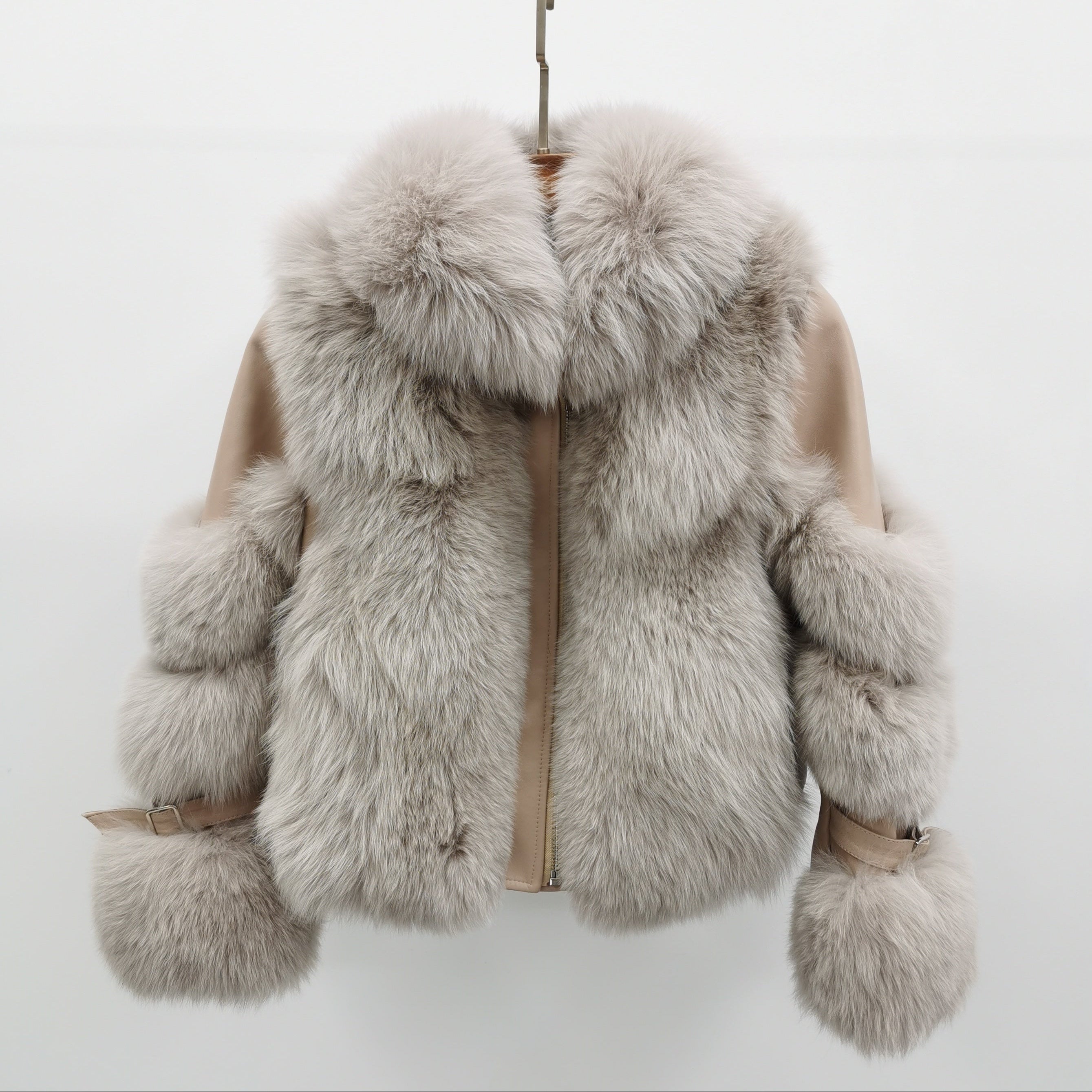 Warm Durable Factory Wholesale Women's Fur Collar Detachable Patchwork Leather Style Real Fox Fur Jacket #7 Light Milk Tea Color