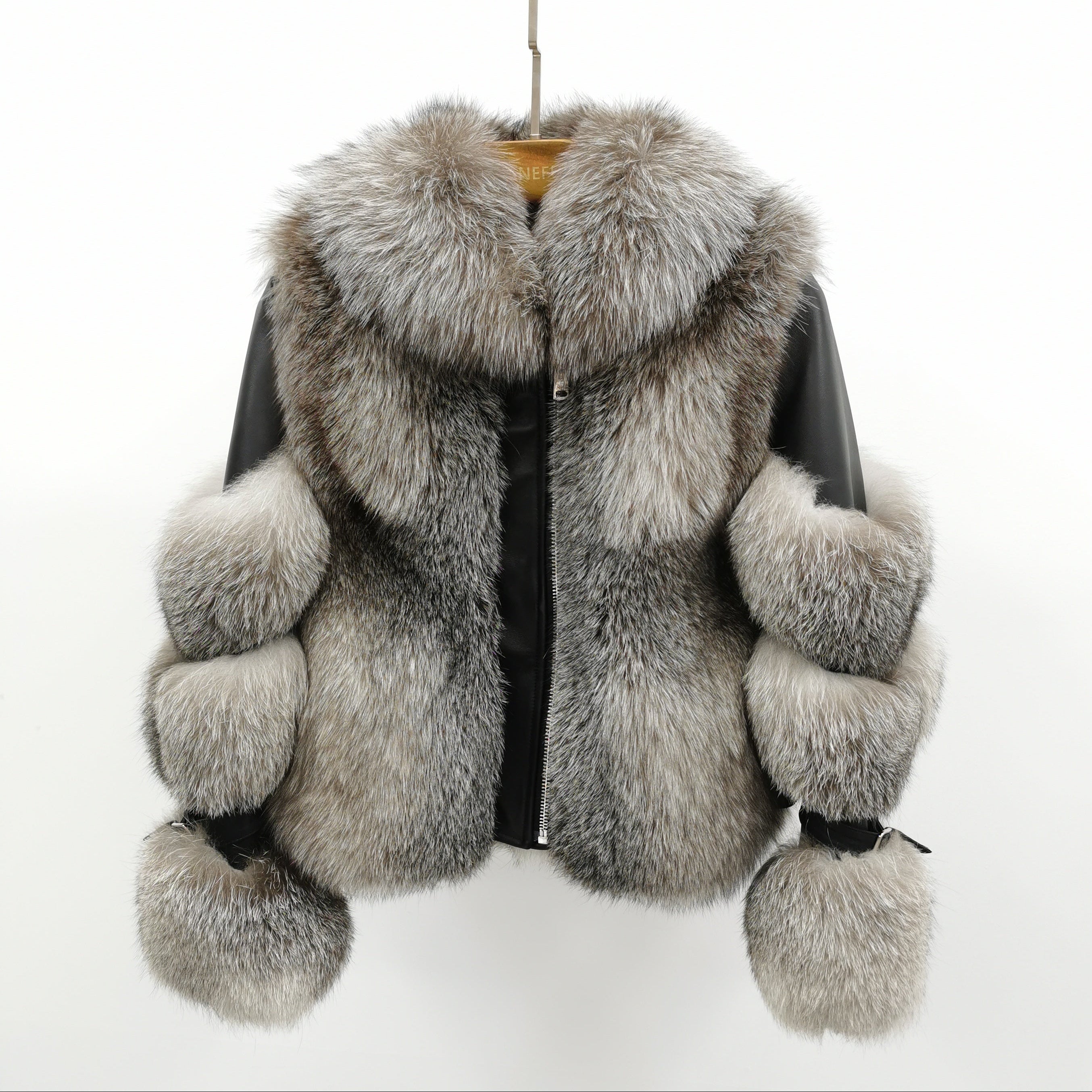 Warm Durable Factory Wholesale Women's Fur Collar Detachable Patchwork Leather Style Real Fox Fur Jacket #8 Silver