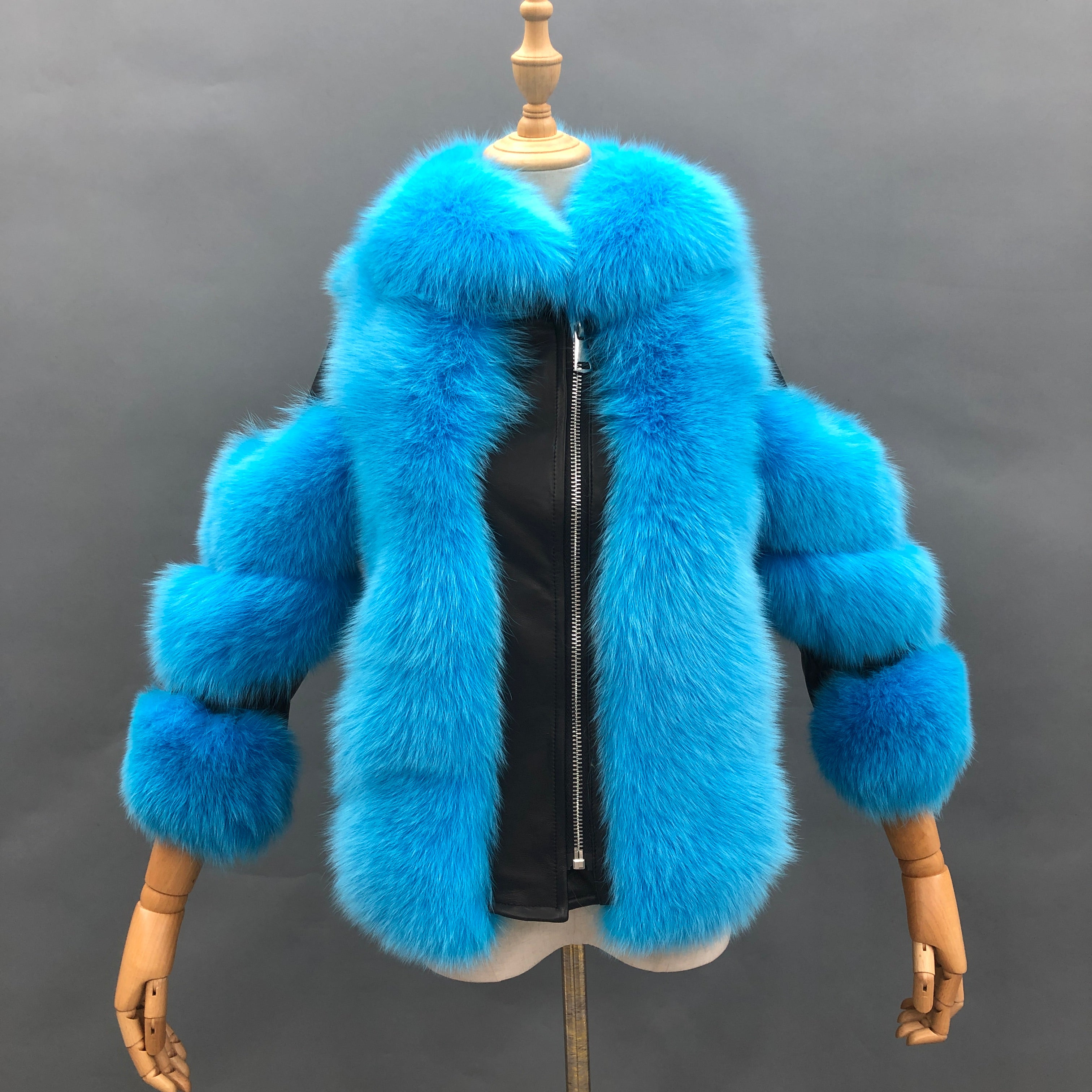 Warm Durable Factory Wholesale Women's Fur Collar Detachable Patchwork Leather Style Real Fox Fur Jacket #9 Blue