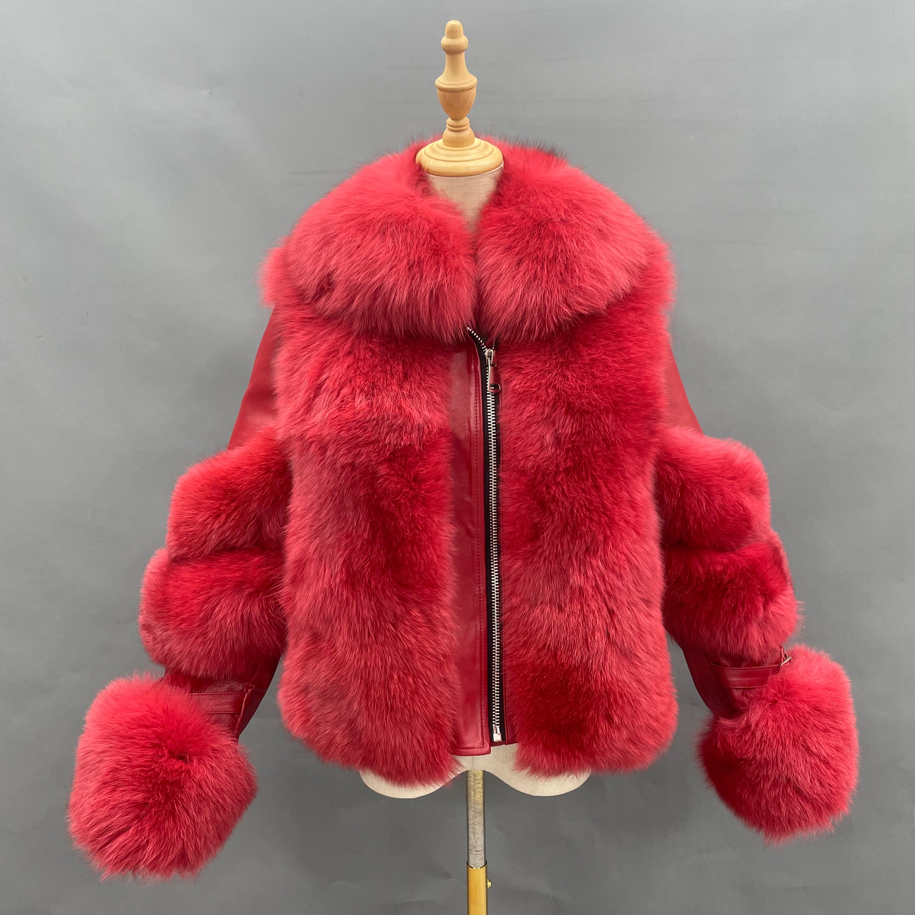 Warm Durable Factory Wholesale Women's Fur Collar Detachable Patchwork Leather Style Real Fox Fur Jacket #10 Red