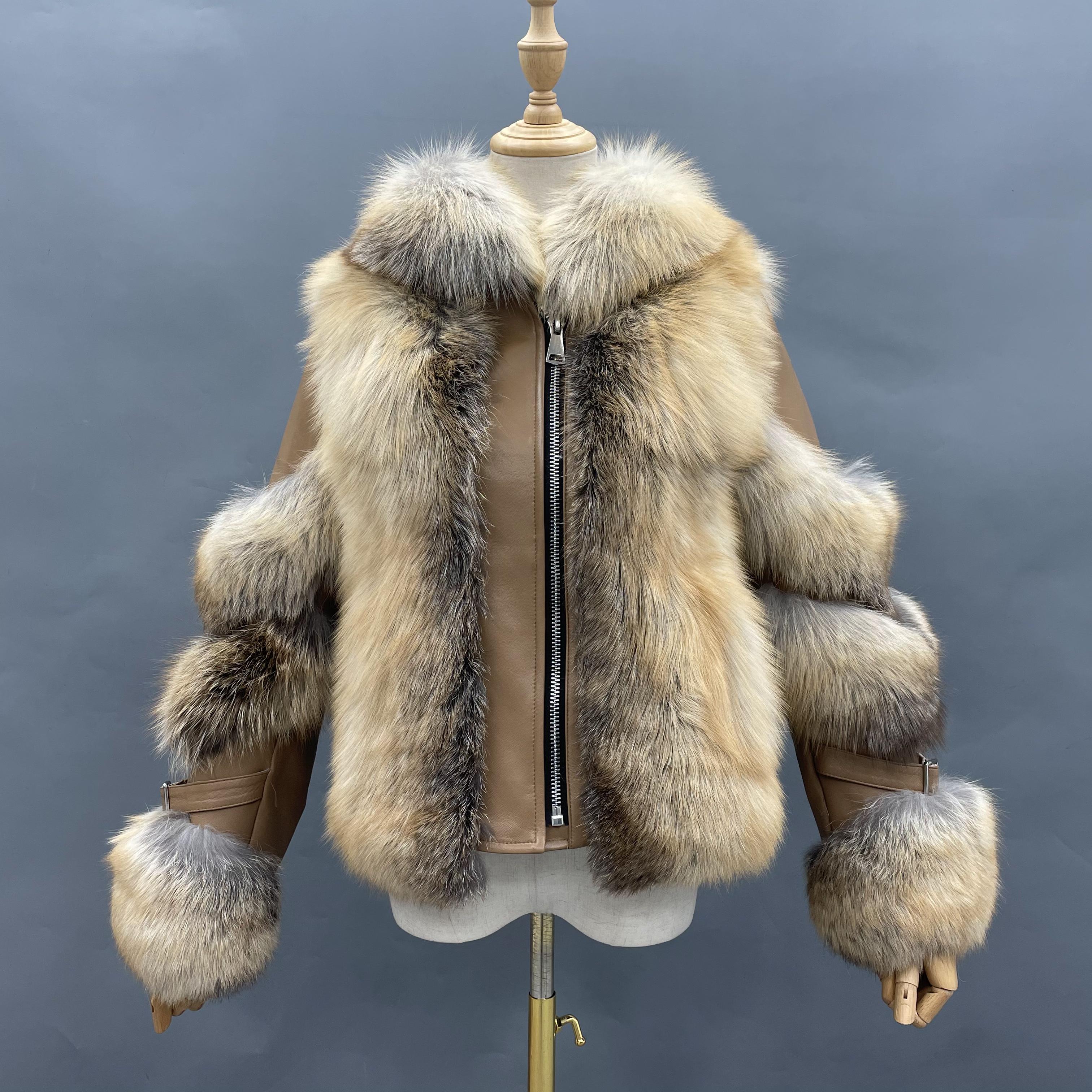 Warm Durable Factory Wholesale Women's Fur Collar Detachable Patchwork Leather Style Real Fox Fur Jacket #11 Golden Island Fox + Brown