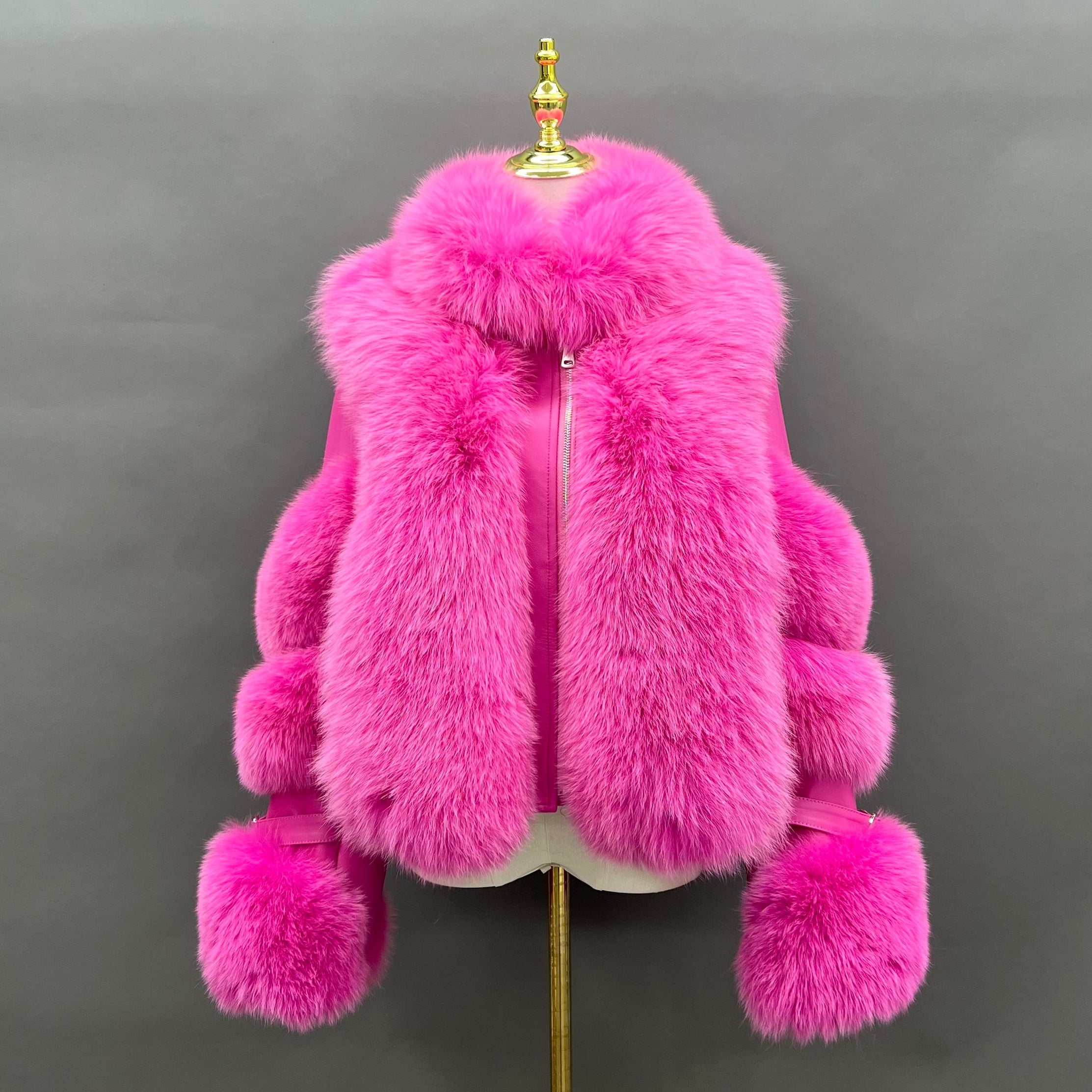 Warm Durable Factory Wholesale Women's Fur Collar Detachable Patchwork Leather Style Real Fox Fur Jacket #12 Plum