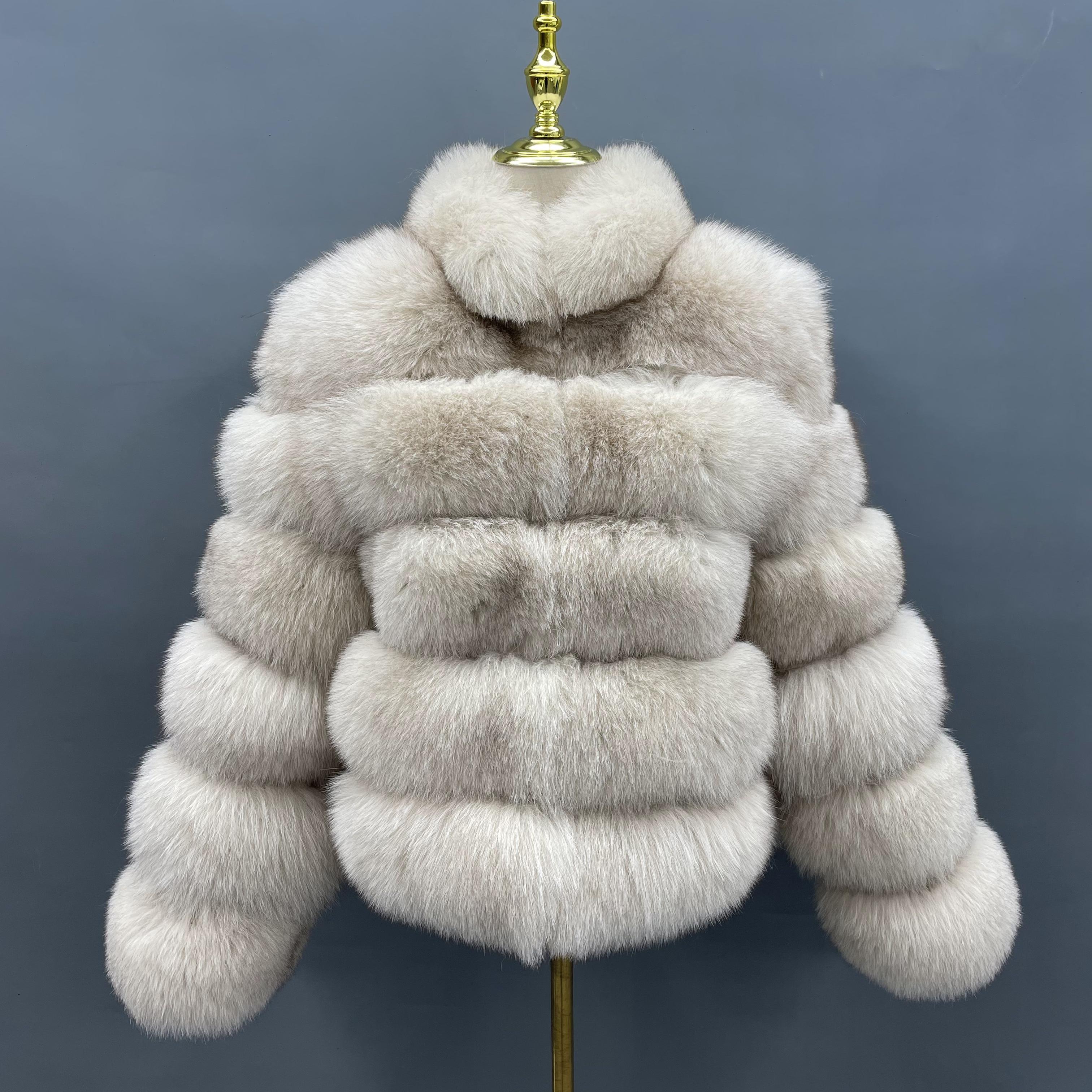 2026 Casual Versatile Five Section Horizontal Stripe Stand Collar Ladies' Real Fox Fur Coat Wholesale