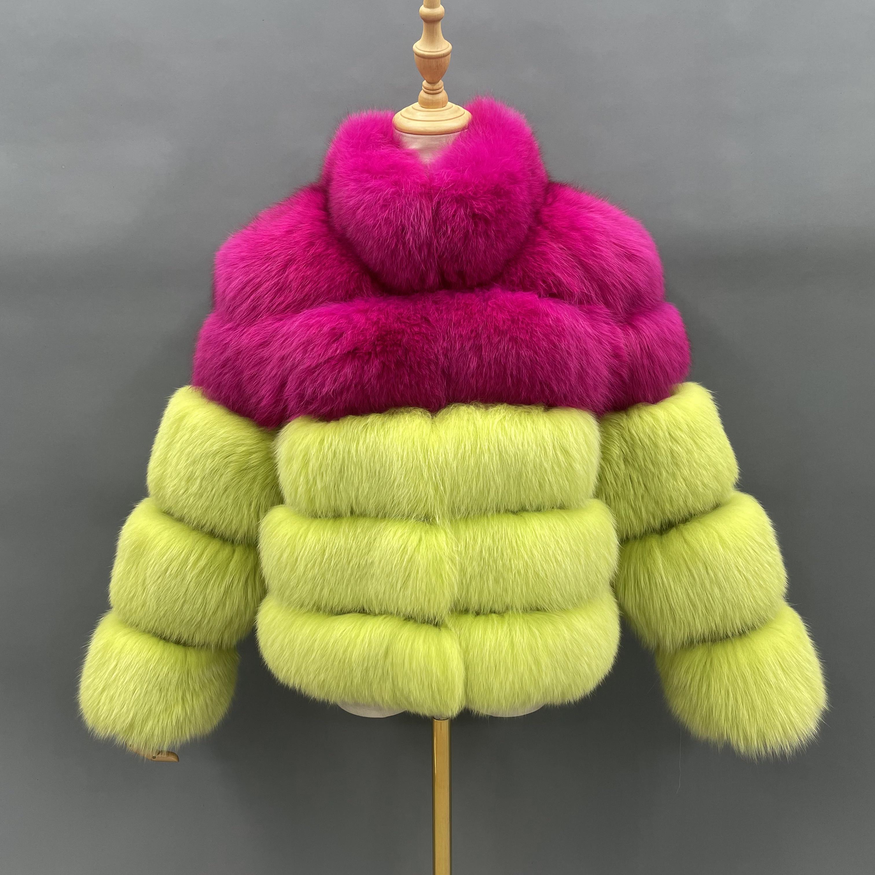 2026 Casual Versatile Five Section Horizontal Stripe Stand Collar Ladies' Real Fox Fur Coat Wholesale #2 Plum + Fluorescent Yellow