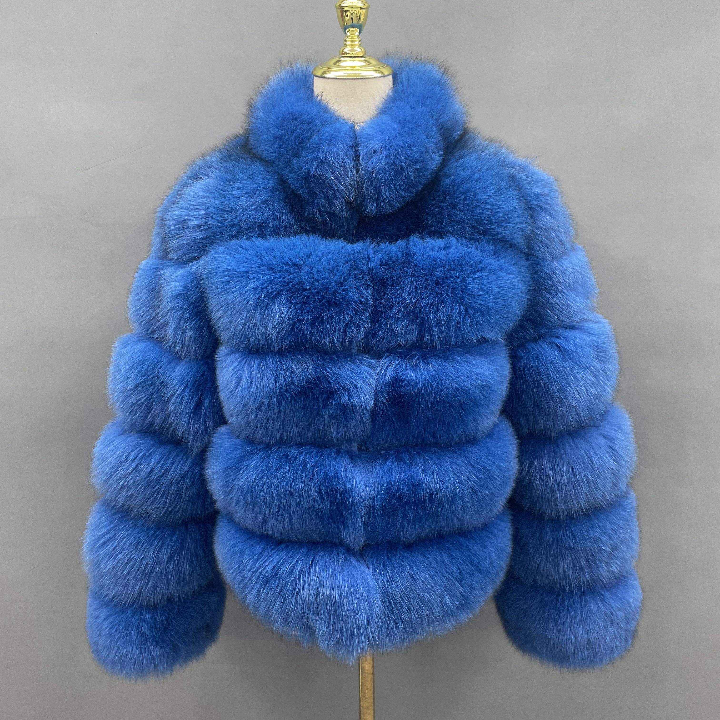 2026 Casual Versatile Five Section Horizontal Stripe Stand Collar Ladies' Real Fox Fur Coat Wholesale #3 Navy