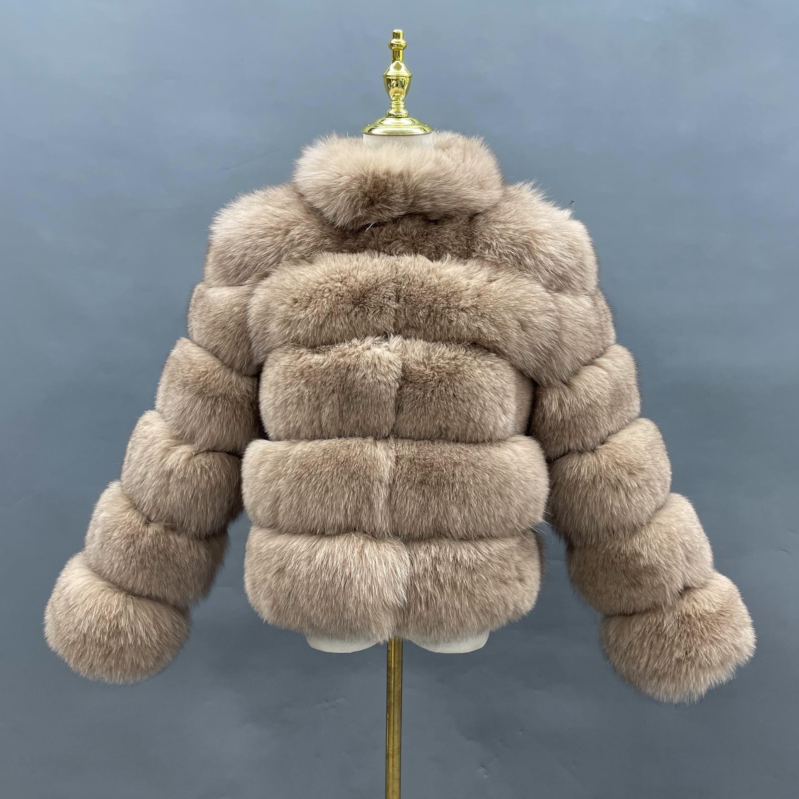 2026 Casual Versatile Five Section Horizontal Stripe Stand Collar Ladies' Real Fox Fur Coat Wholesale #4 Light Khaki