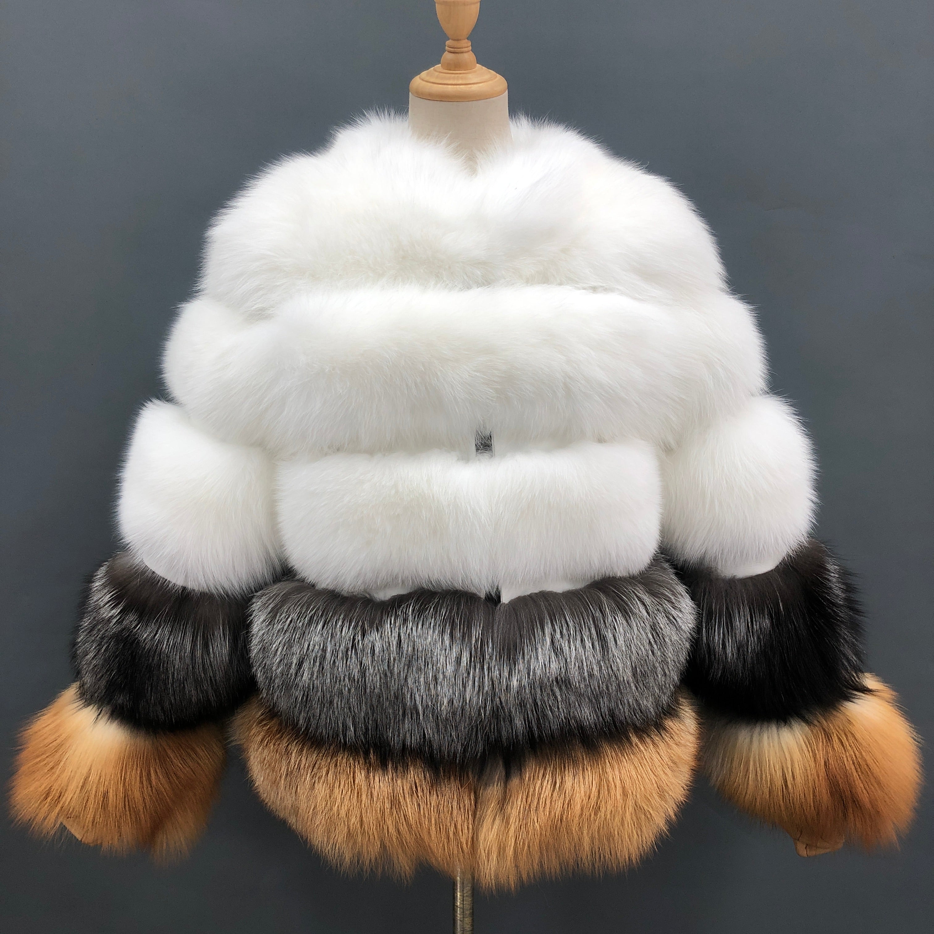 2026 Casual Versatile Five Section Horizontal Stripe Stand Collar Ladies' Real Fox Fur Coat Wholesale #6 White + Silver Fox + Red Fox