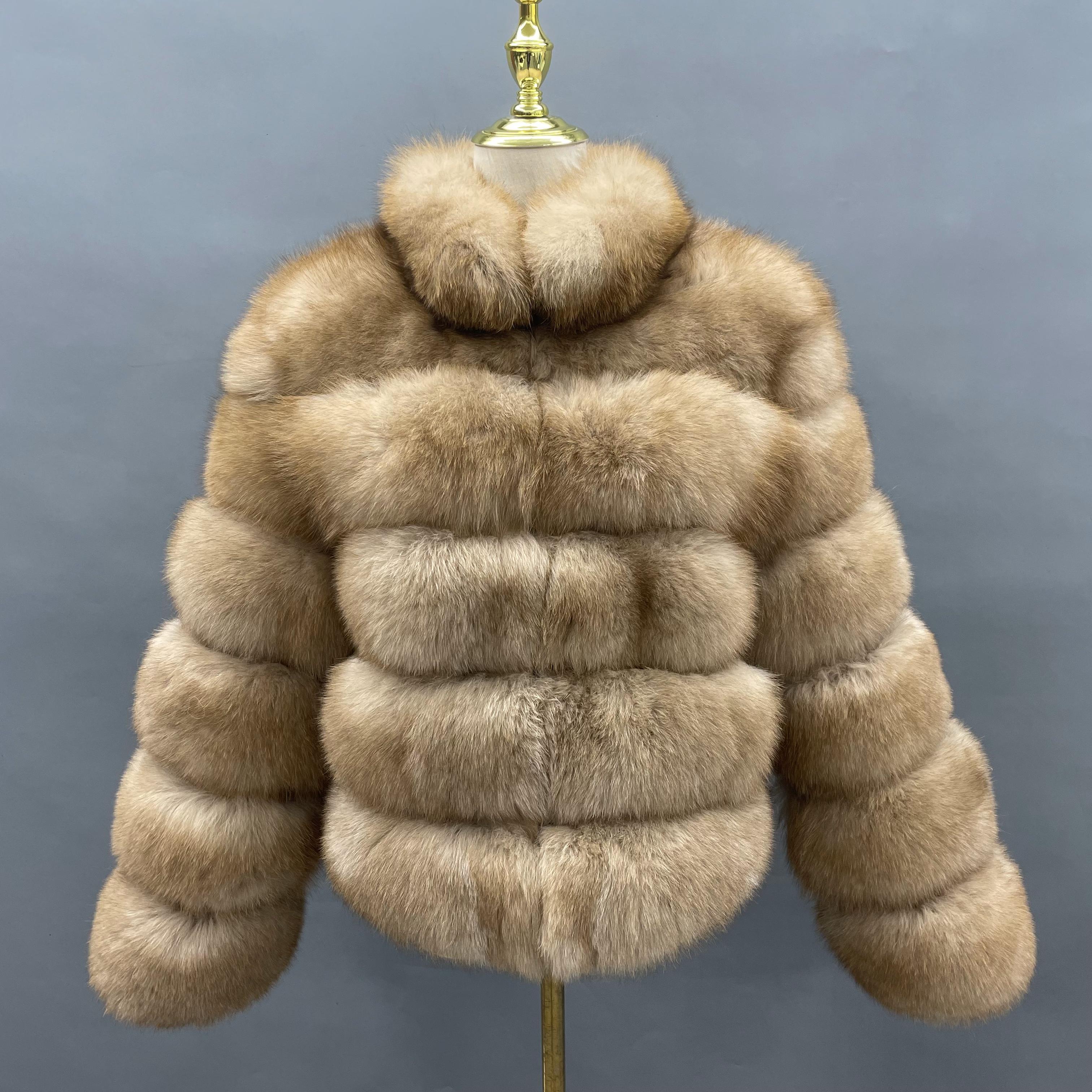 2026 Casual Versatile Five Section Horizontal Stripe Stand Collar Ladies' Real Fox Fur Coat Wholesale #7 Golden