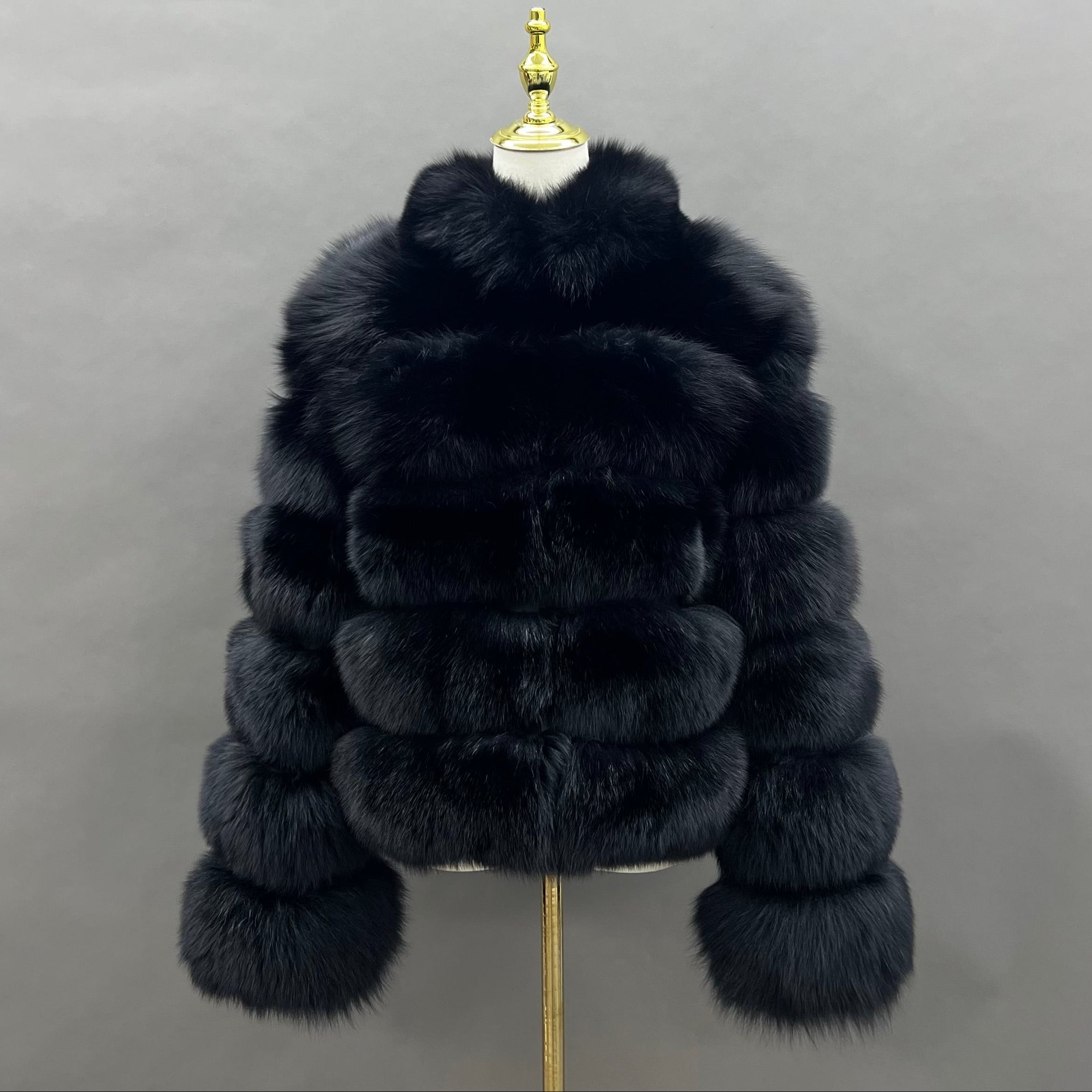 2026 Casual Versatile Five Section Horizontal Stripe Stand Collar Ladies' Real Fox Fur Coat Wholesale #8 Black