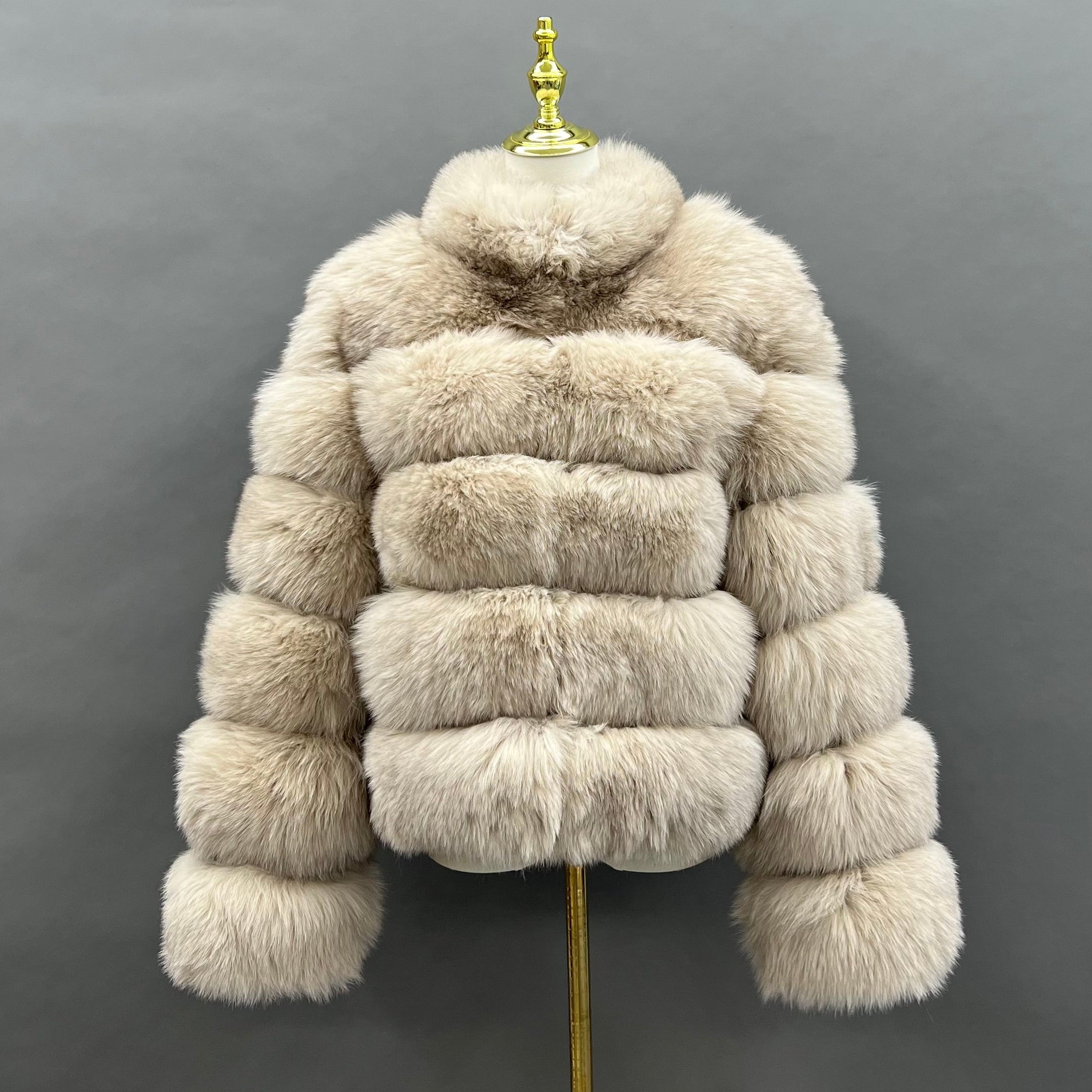 2026 Casual Versatile Five Section Horizontal Stripe Stand Collar Ladies' Real Fox Fur Coat Wholesale #9 Beige
