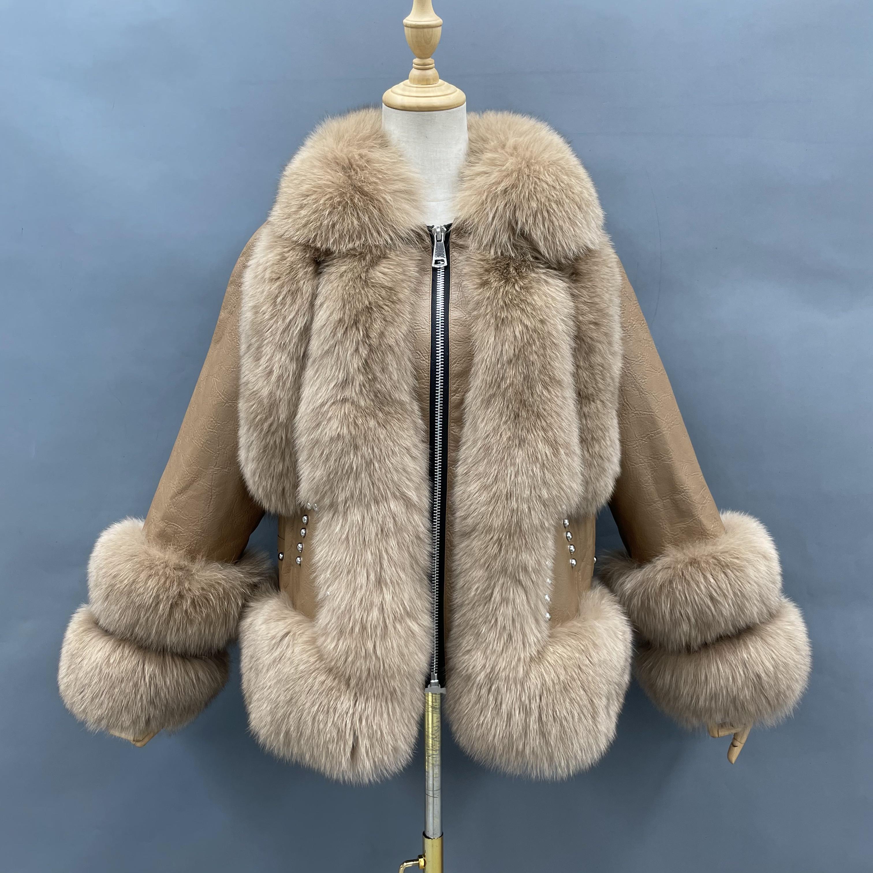 Janefur Wholesale Zipper Style Ladies' Two Section Fur Cuffs Turndown Collar Real Fox Jacket