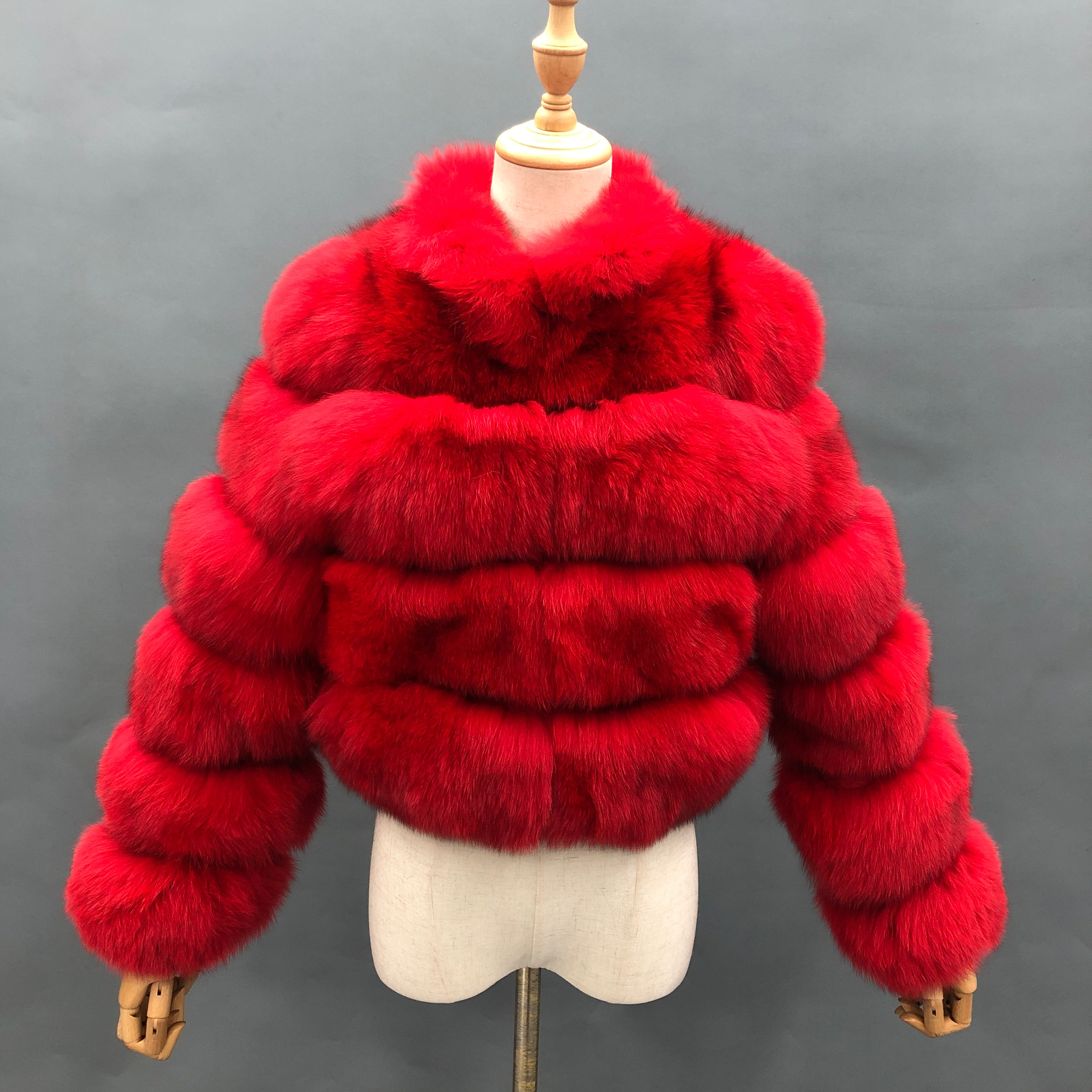 Janefur Bulk Wholesale Ladies' Stand Collar 4-Panel Real Fox Fur Minimalist Coat #1 Red