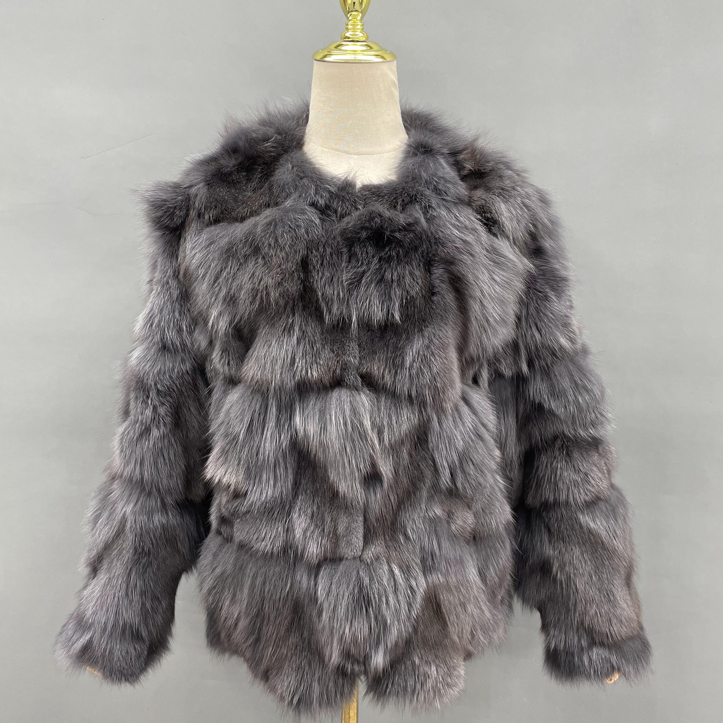 Janefur Real Fox Fur Round Neck Minimalist Daily Coat Women Wholesale #1 Dark Gray Free Size