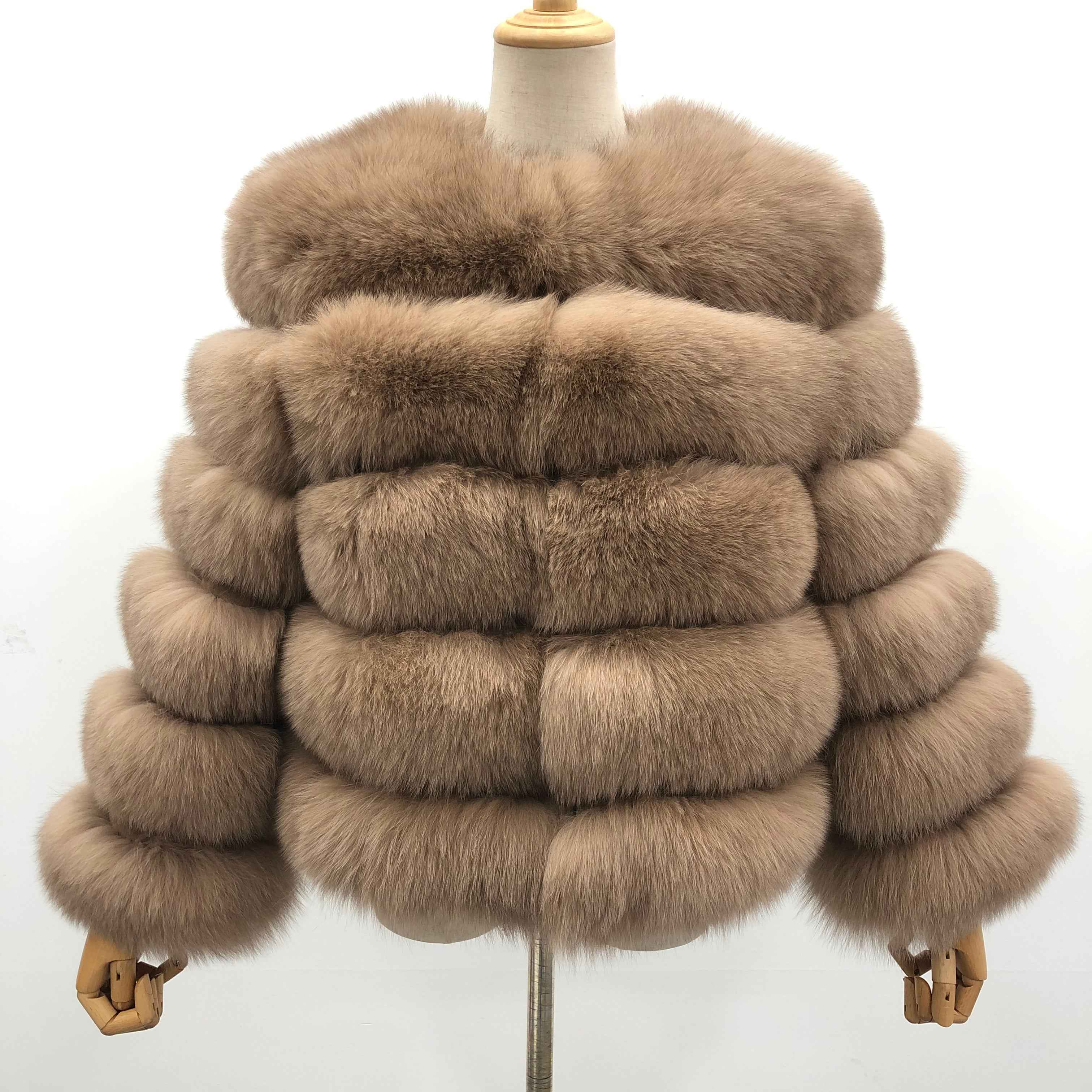 Wholesale Janefur Women's Classic Basic Five Section Short Real Fox Fur Jacket #1 Dark Khaki