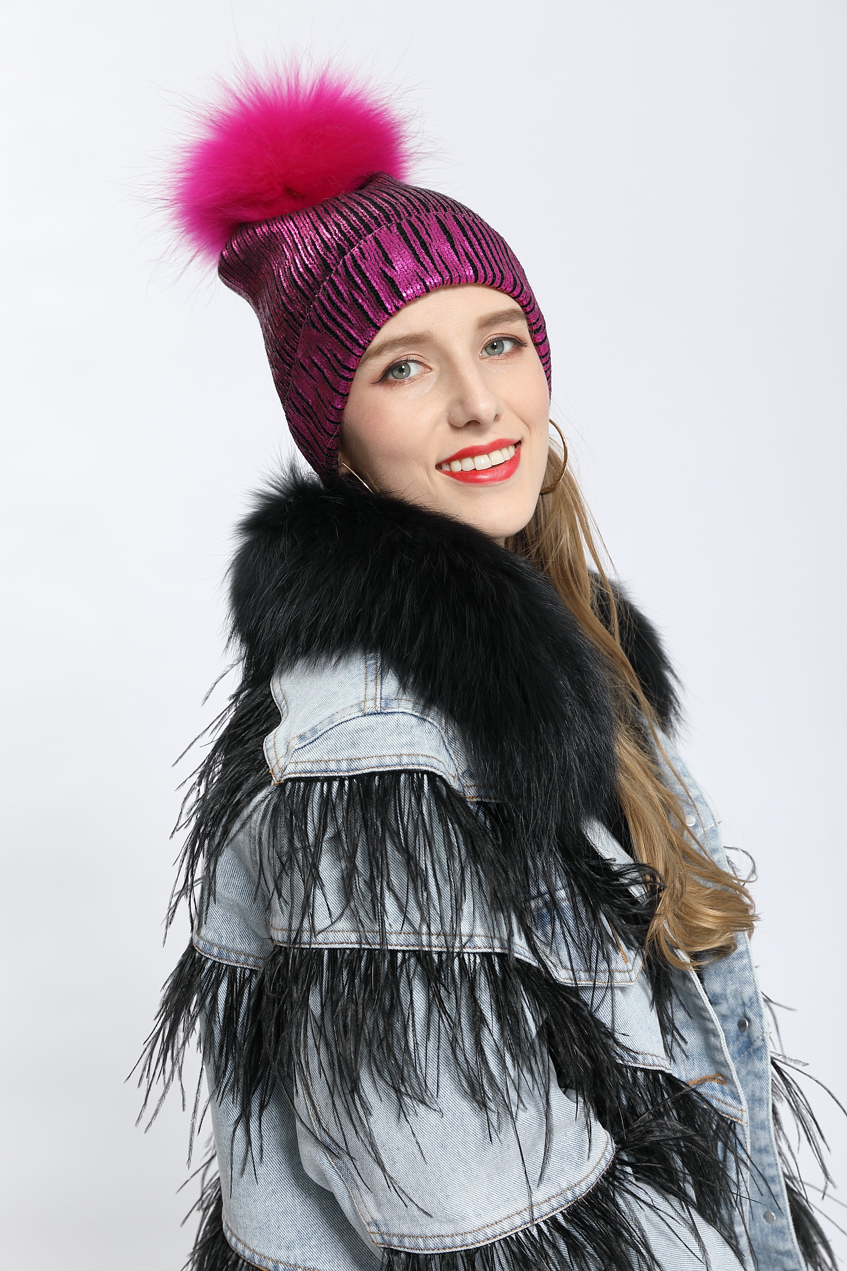Winter Best Choice Women's Acrylic Gold-Embossed Knitted Hat with Real Raccoon Fur Pom Pom #1 Magenta Adult