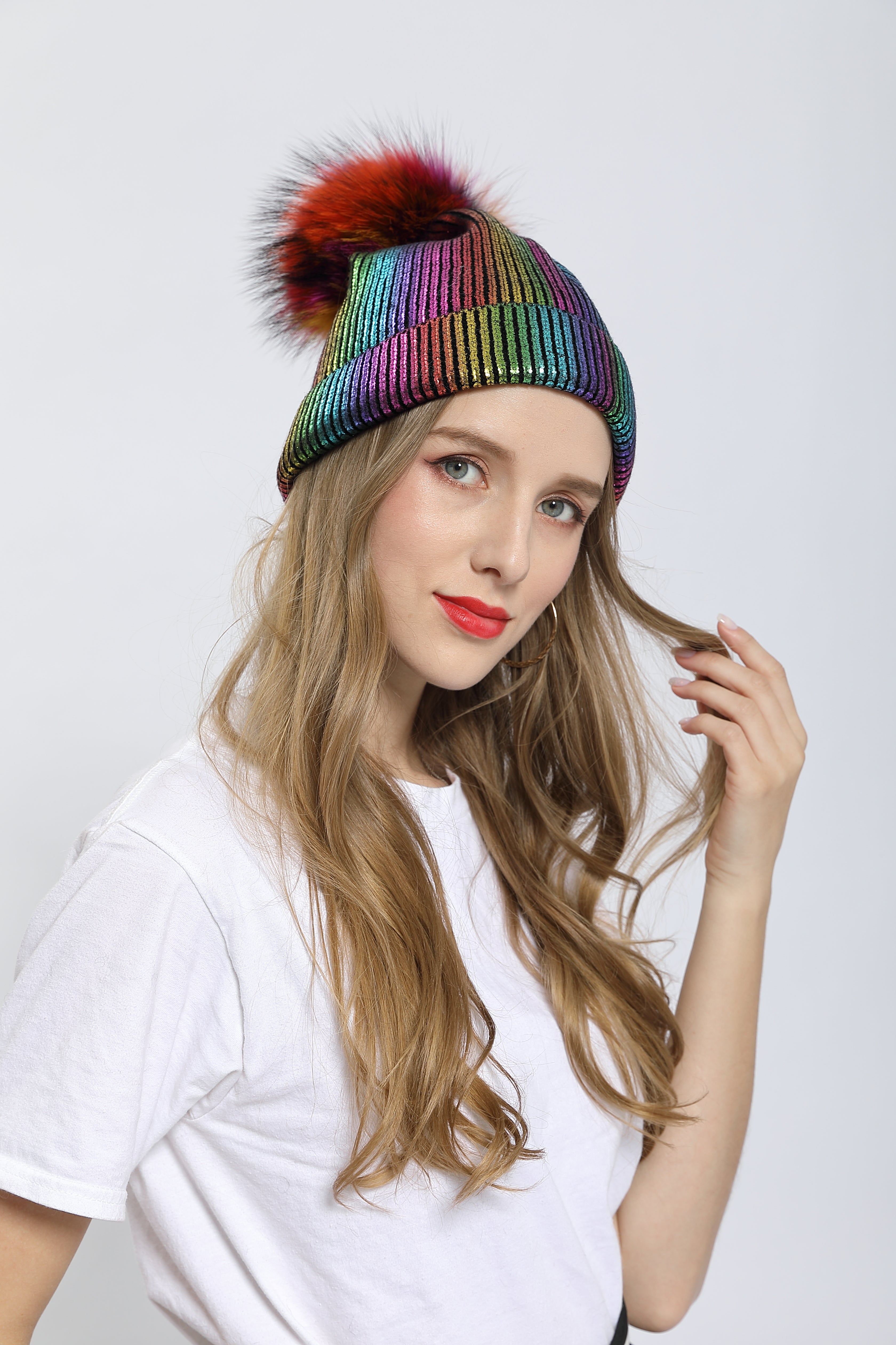 Winter Best Choice Women's Acrylic Gold-Embossed Knitted Hat with Real Raccoon Fur Pom Pom #2 Rainbow Adult