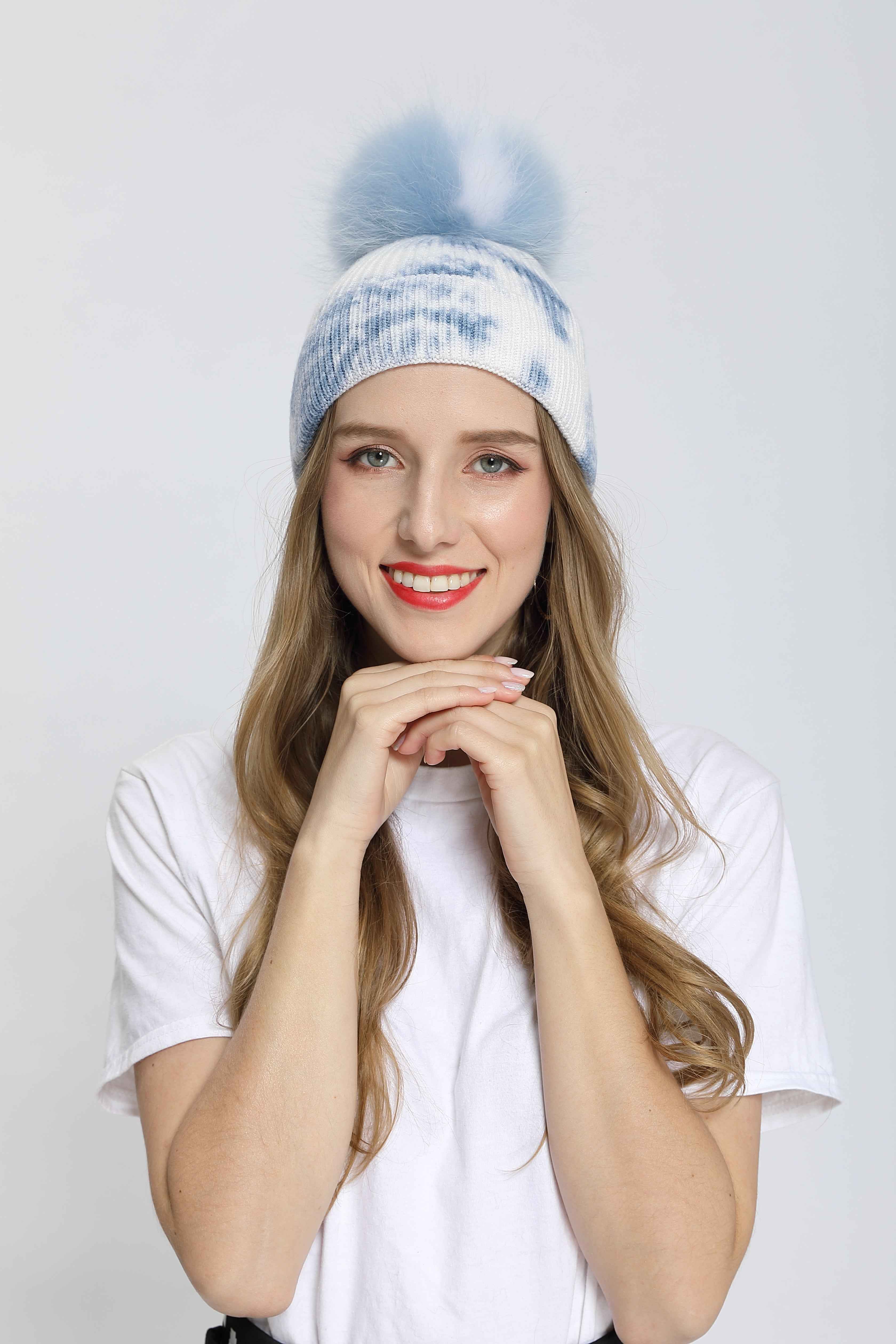 New Fashion Trend Ladies Pickled Striped Angora Beanie Hat With Same Color Real Raccoon Fur Pom Pom #1 Light Blue Adult