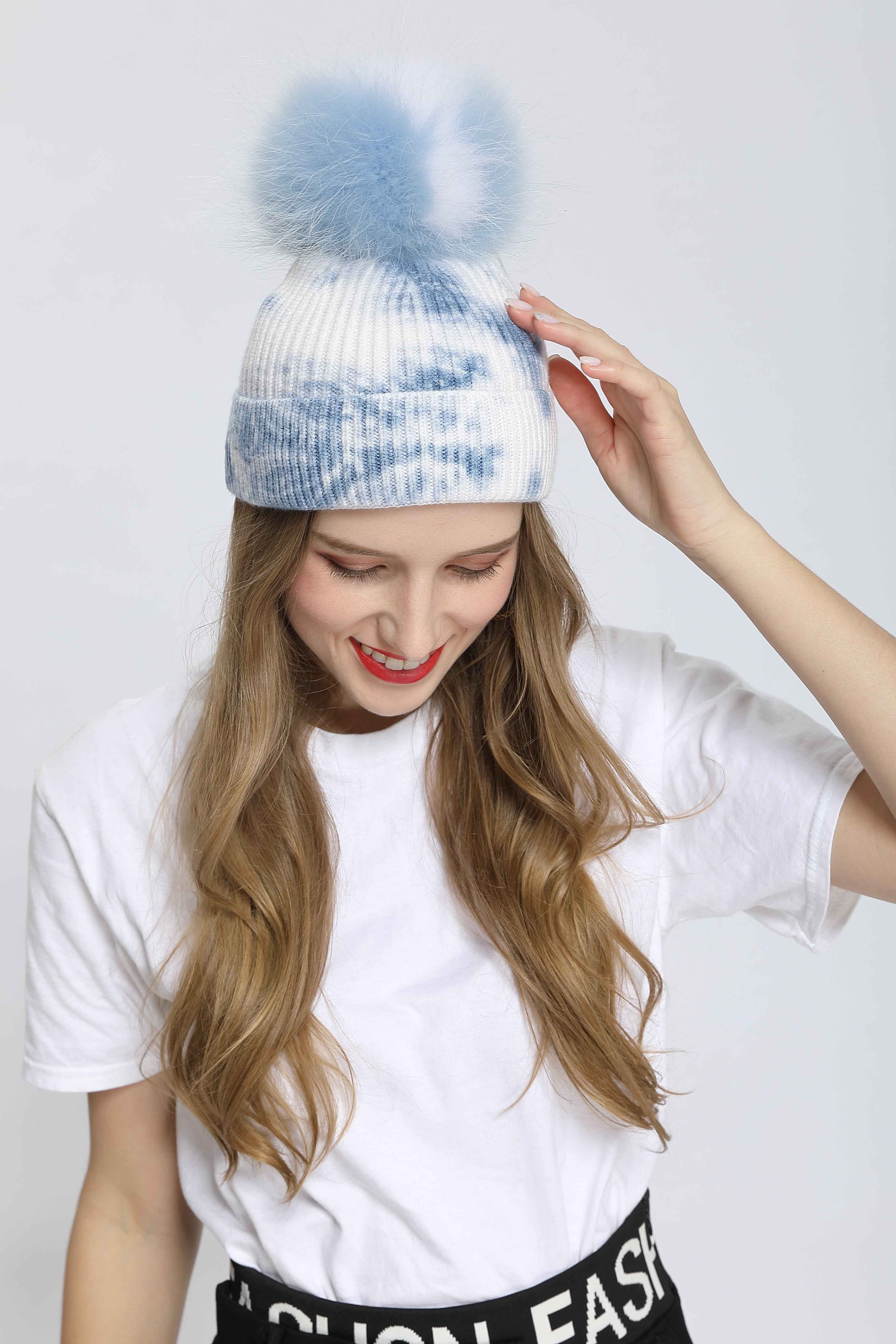 New Fashion Trend Ladies Pickled Striped Angora Beanie Hat With Same Color Real Raccoon Fur Pom Pom