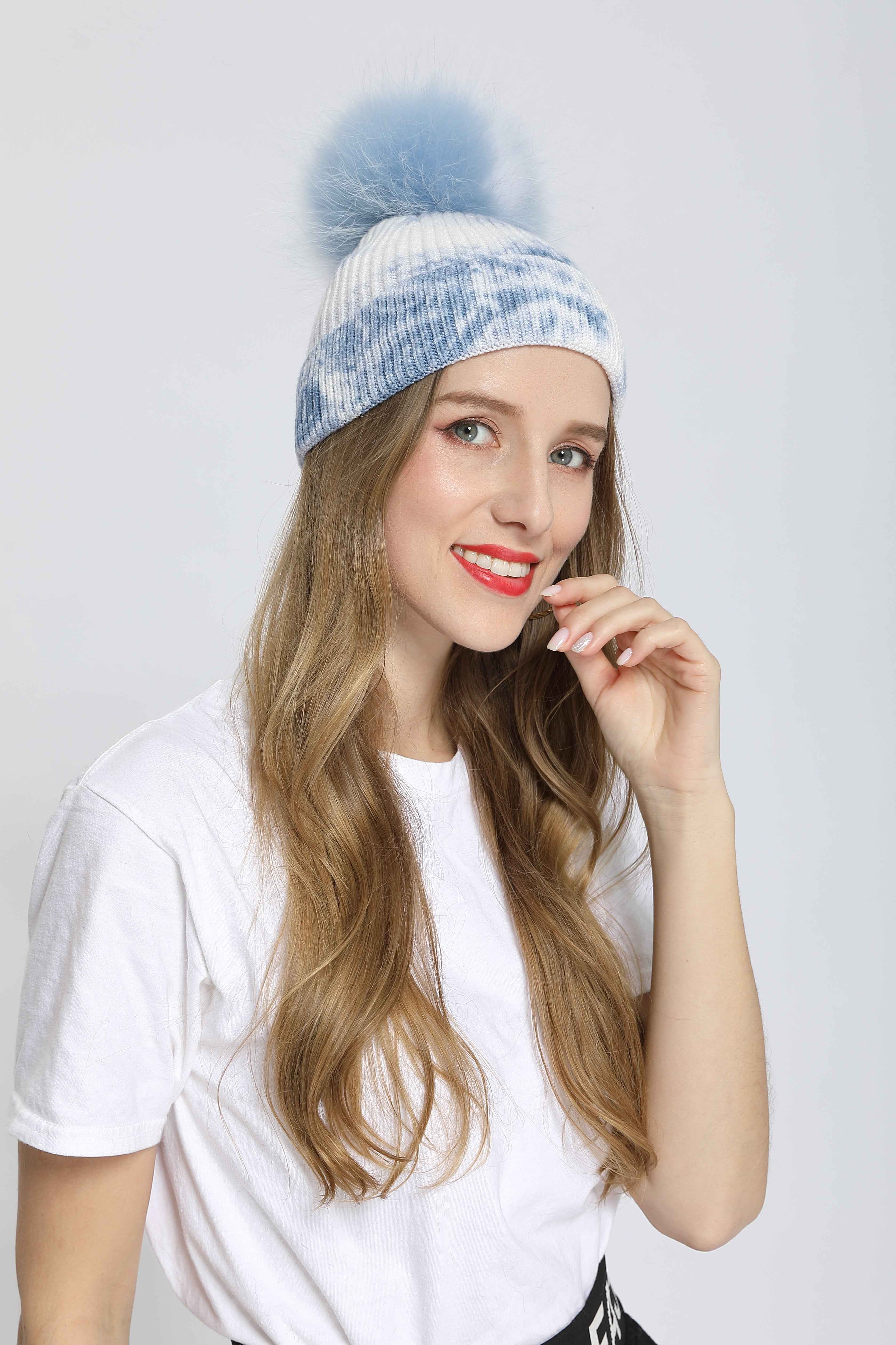 New Fashion Trend Ladies Pickled Striped Angora Beanie Hat With Same Color Real Raccoon Fur Pom Pom