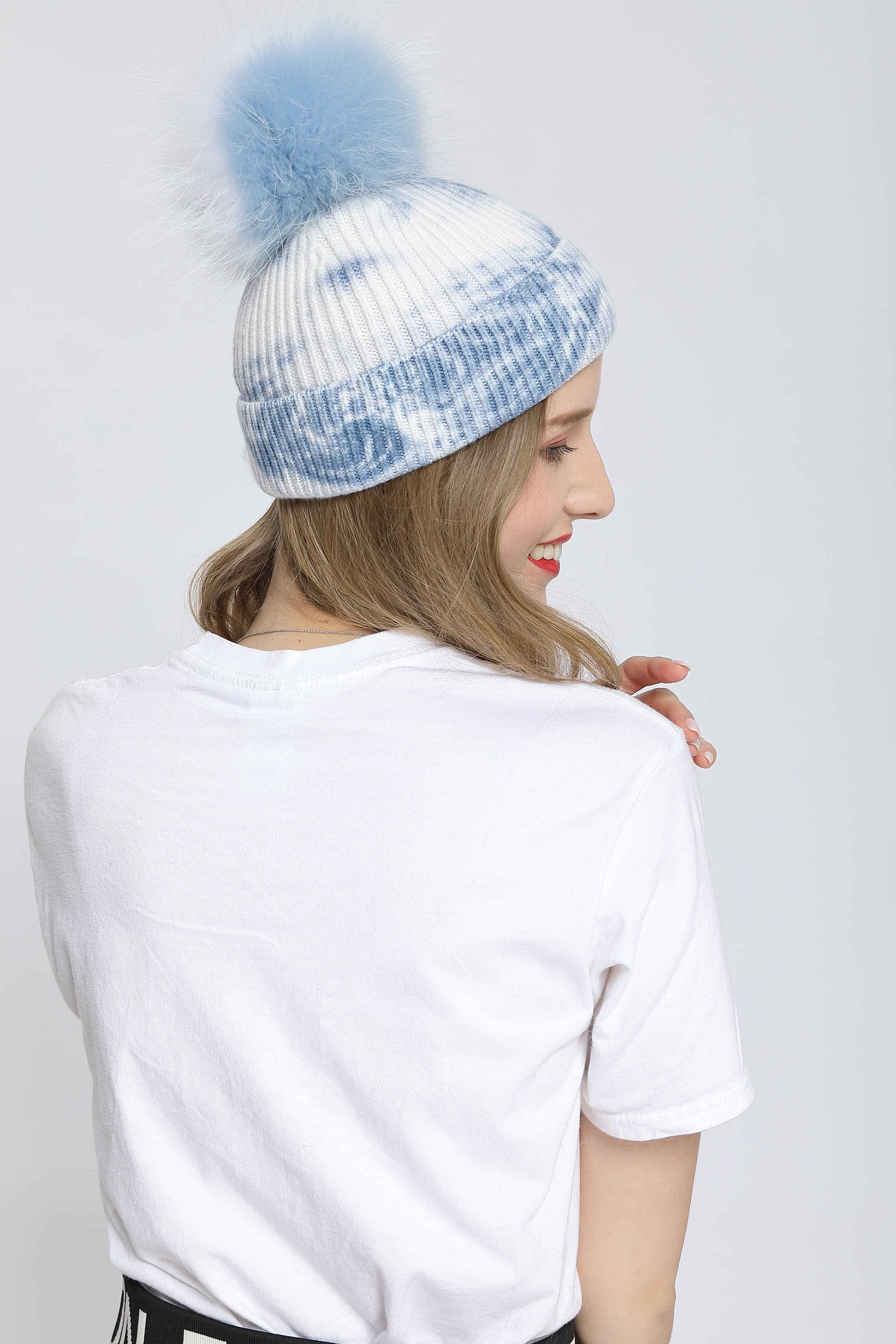 New Fashion Trend Ladies Pickled Striped Angora Beanie Hat With Same Color Real Raccoon Fur Pom Pom