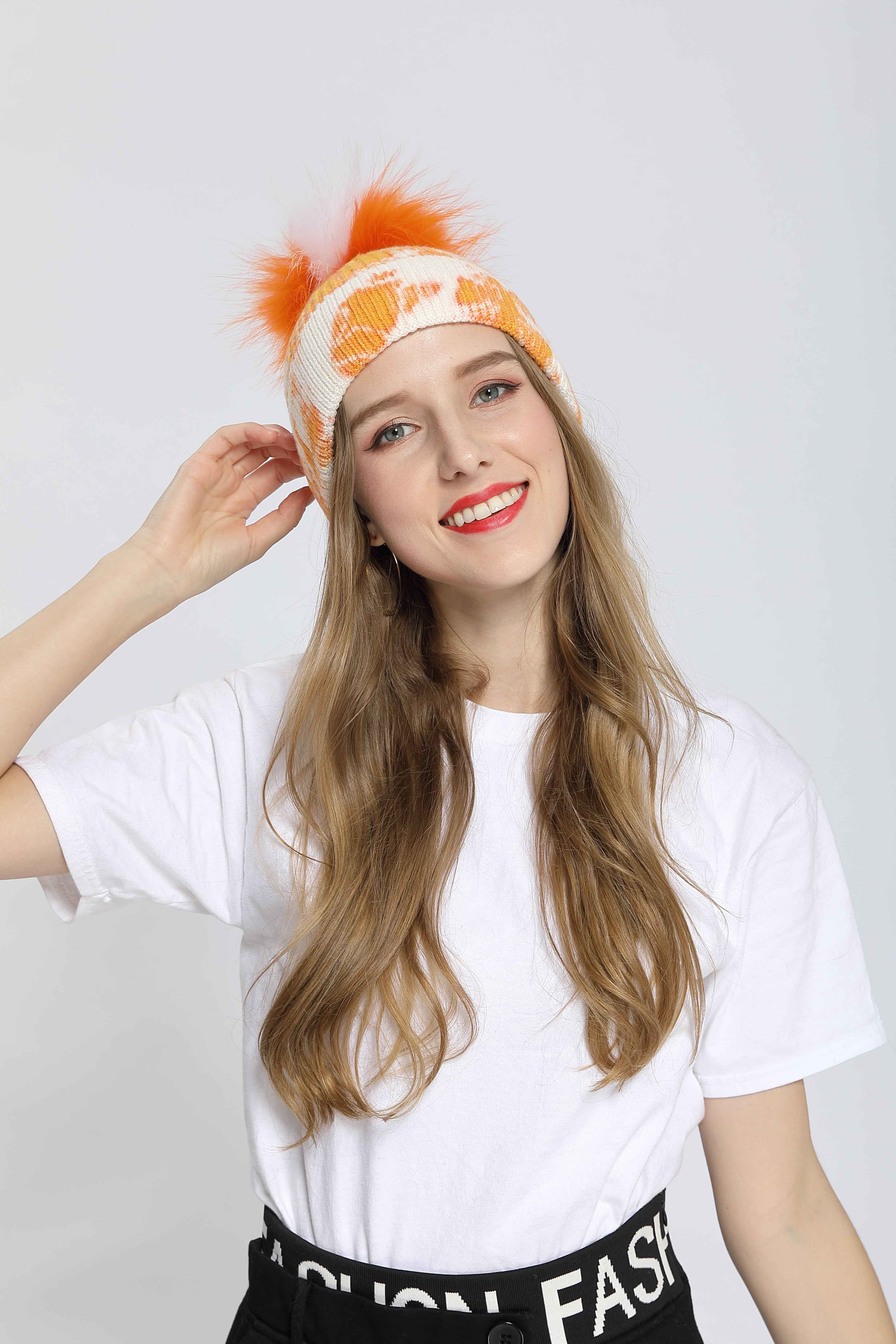 New Fashion Trend Ladies Pickled Striped Angora Beanie Hat With Same Color Real Raccoon Fur Pom Pom #2 Orange Adult
