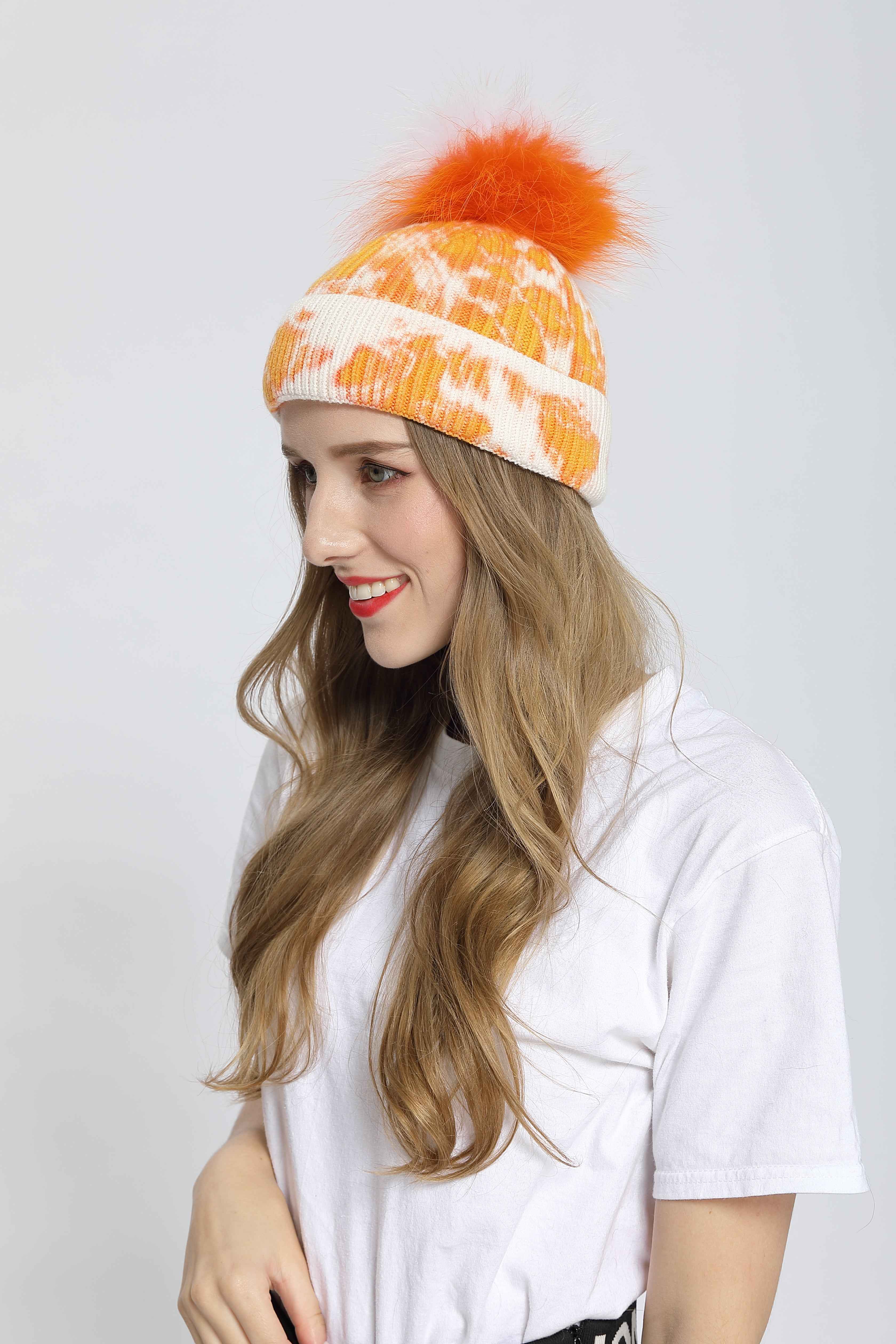 New Fashion Trend Ladies Pickled Striped Angora Beanie Hat With Same Color Real Raccoon Fur Pom Pom
