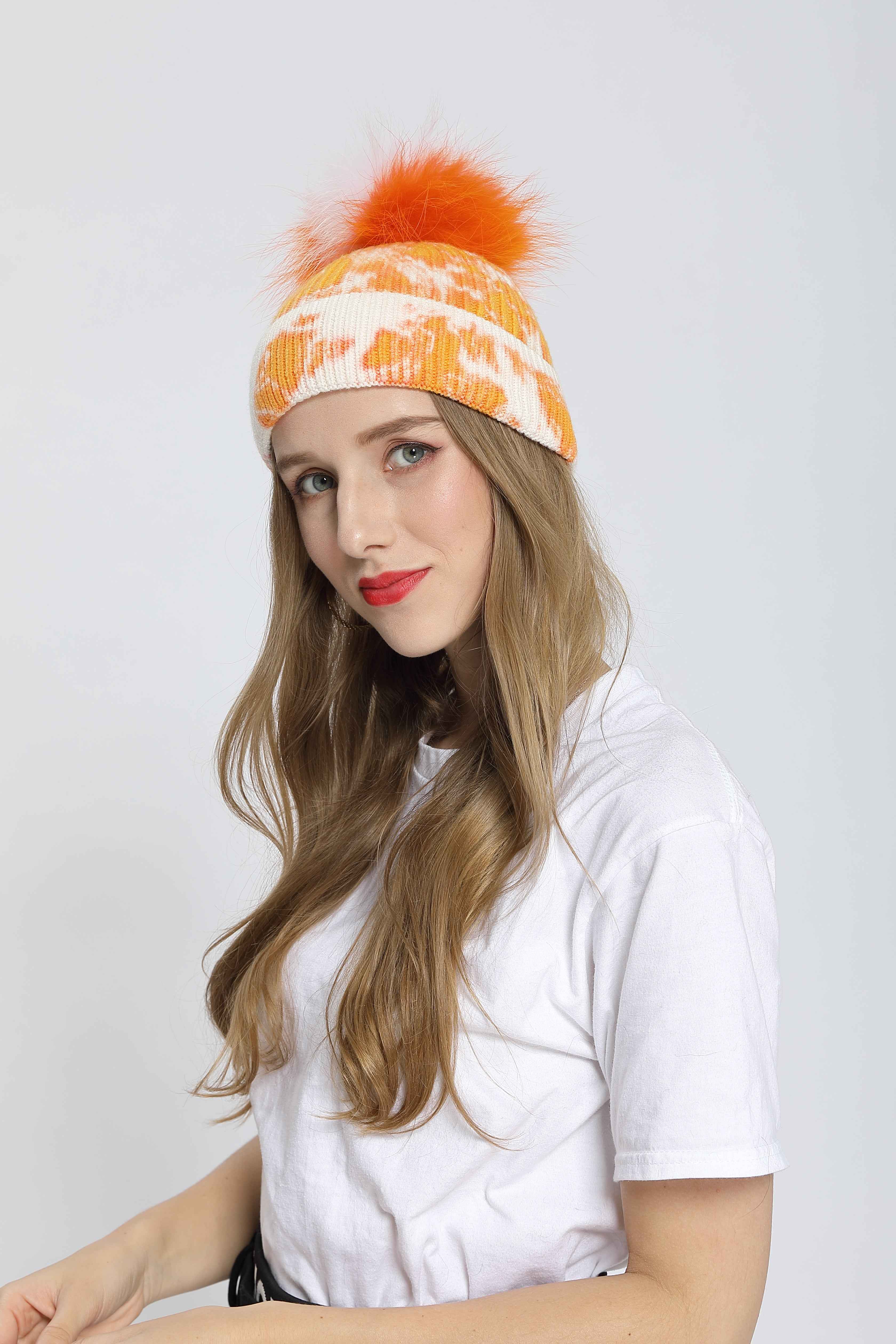 New Fashion Trend Ladies Pickled Striped Angora Beanie Hat With Same Color Real Raccoon Fur Pom Pom